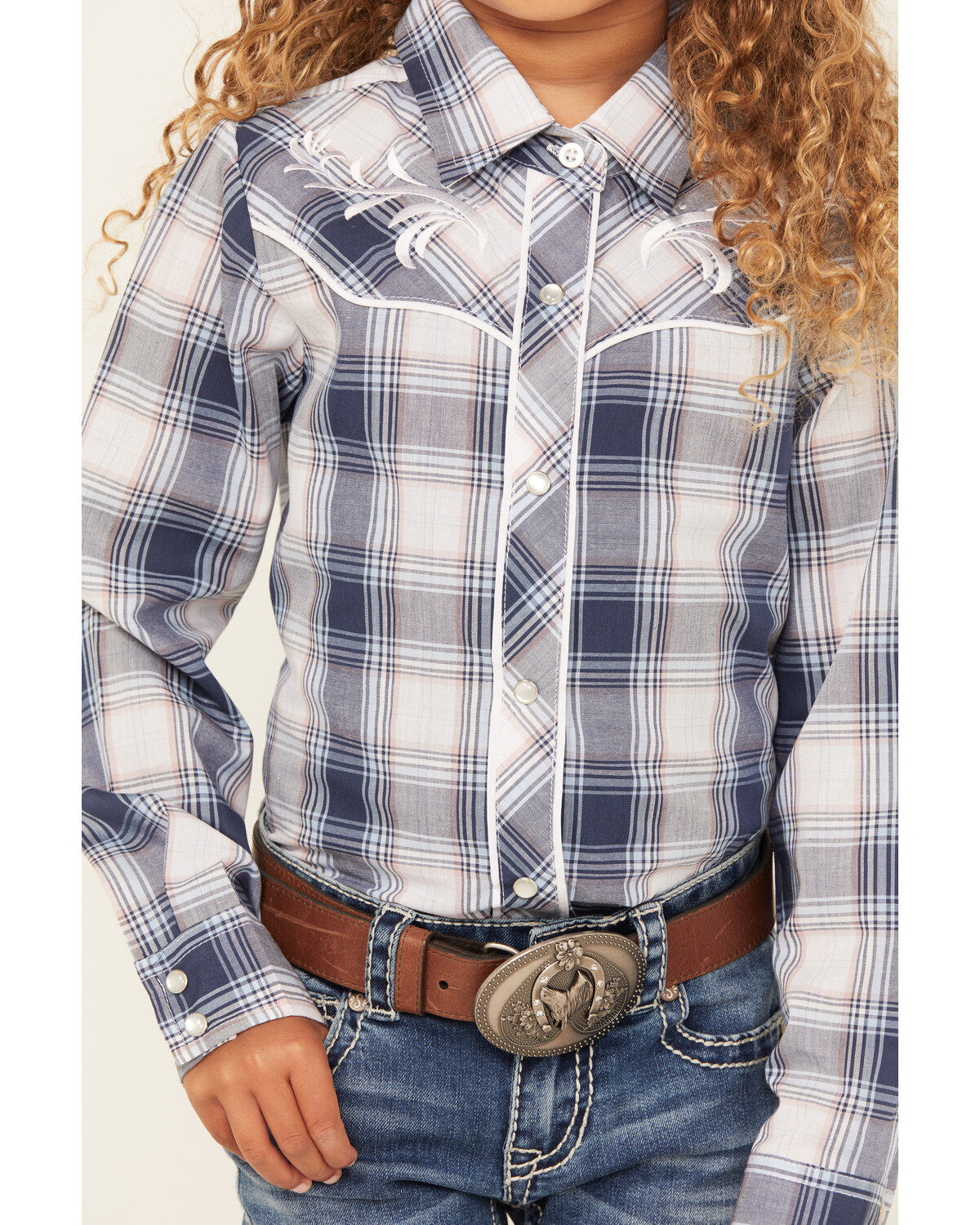 Ely Walker Girls' Embroidered Yoke Plaid Print Long Sleeve Pearl Snap Western Shirt