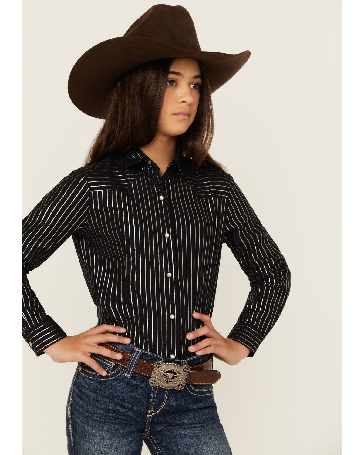 Cruel Girl Girls' Metallic Striped Long Sleeve Pearl Snap Western Shirt