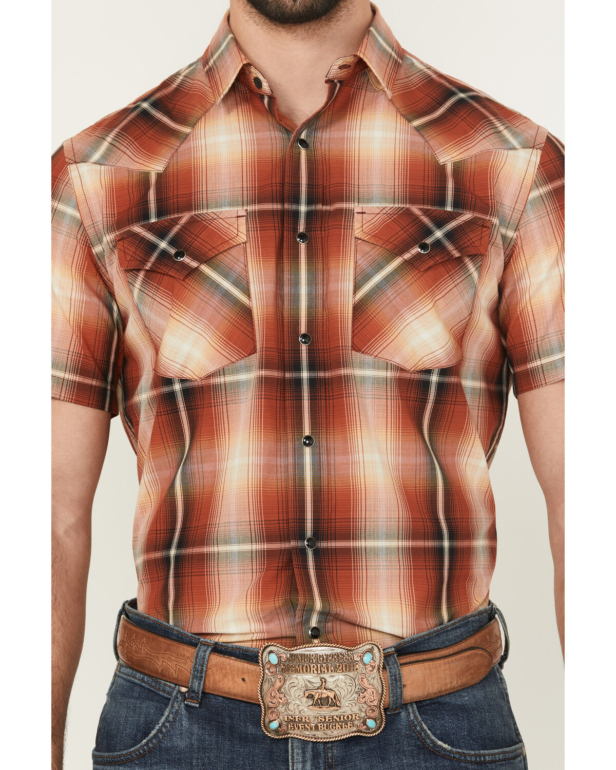 Pendleton Men's Frontier Plaid Print Short Sleeve Snap Stretch Western Shirt