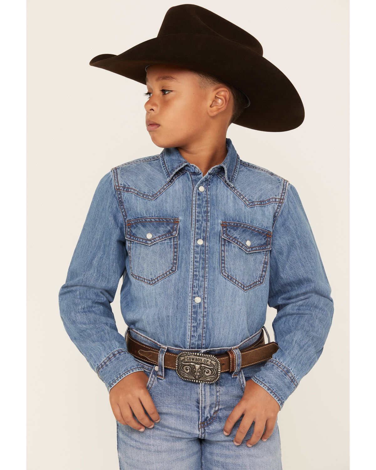 Cody James Boys' Cave Creek Long Sleeve Pearl Snap Western Denim Shirt