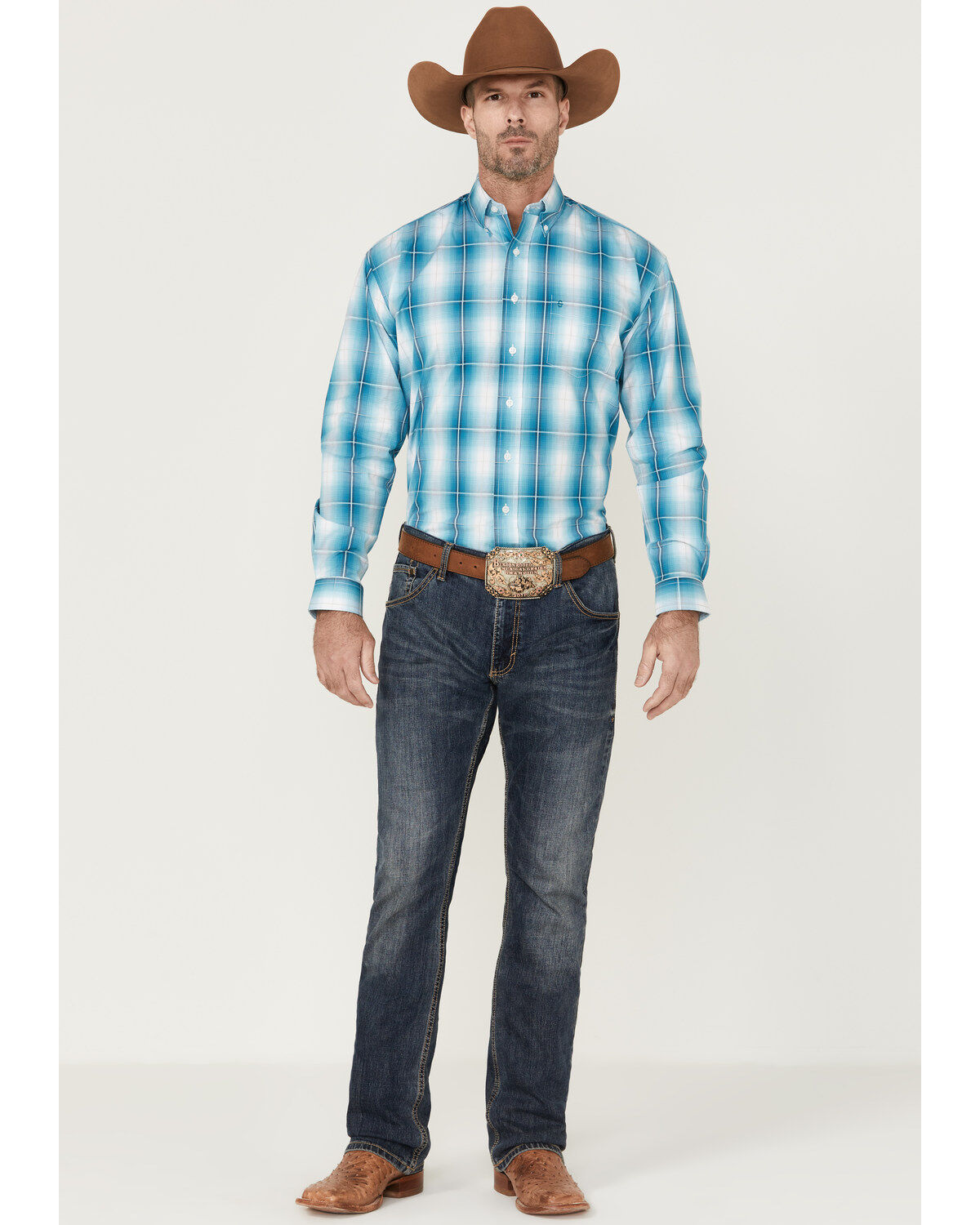 Stetson Men's Large Ombre Plaid Print Long Sleeve Button Down Western Shirt