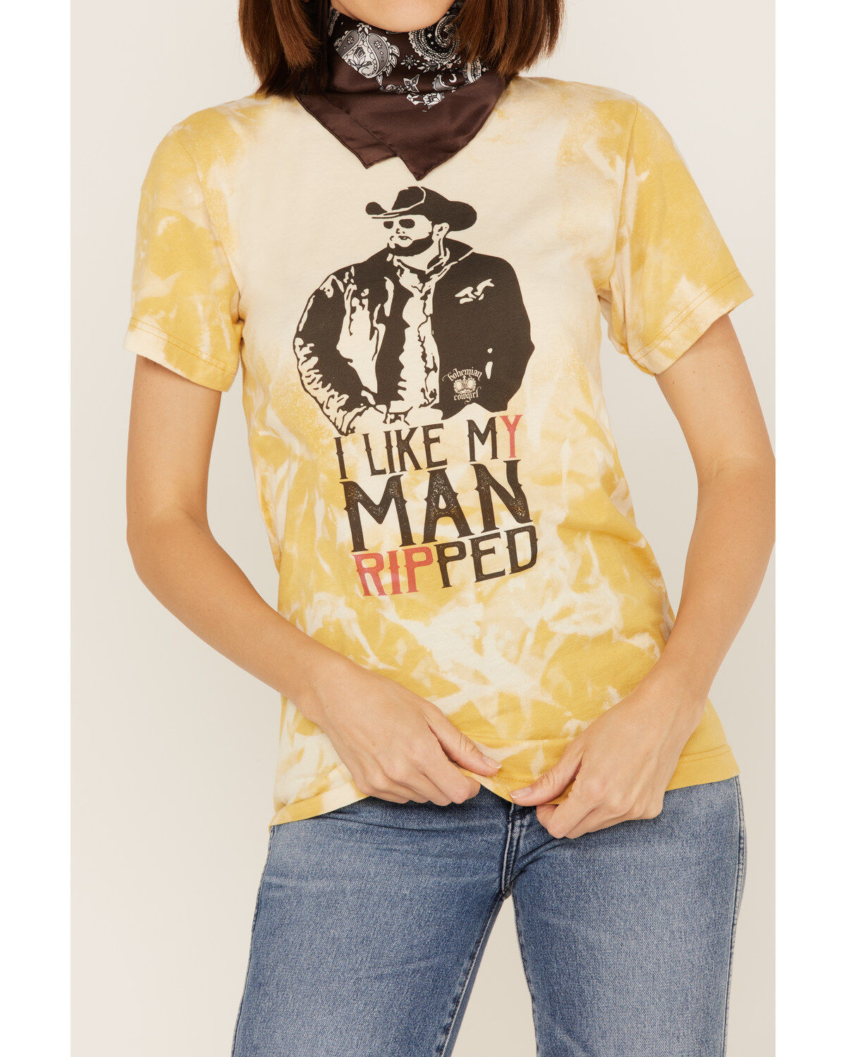 Bohemian Cowgirl Women's Like My Man Ripped Graphic Bleach Spray Tee