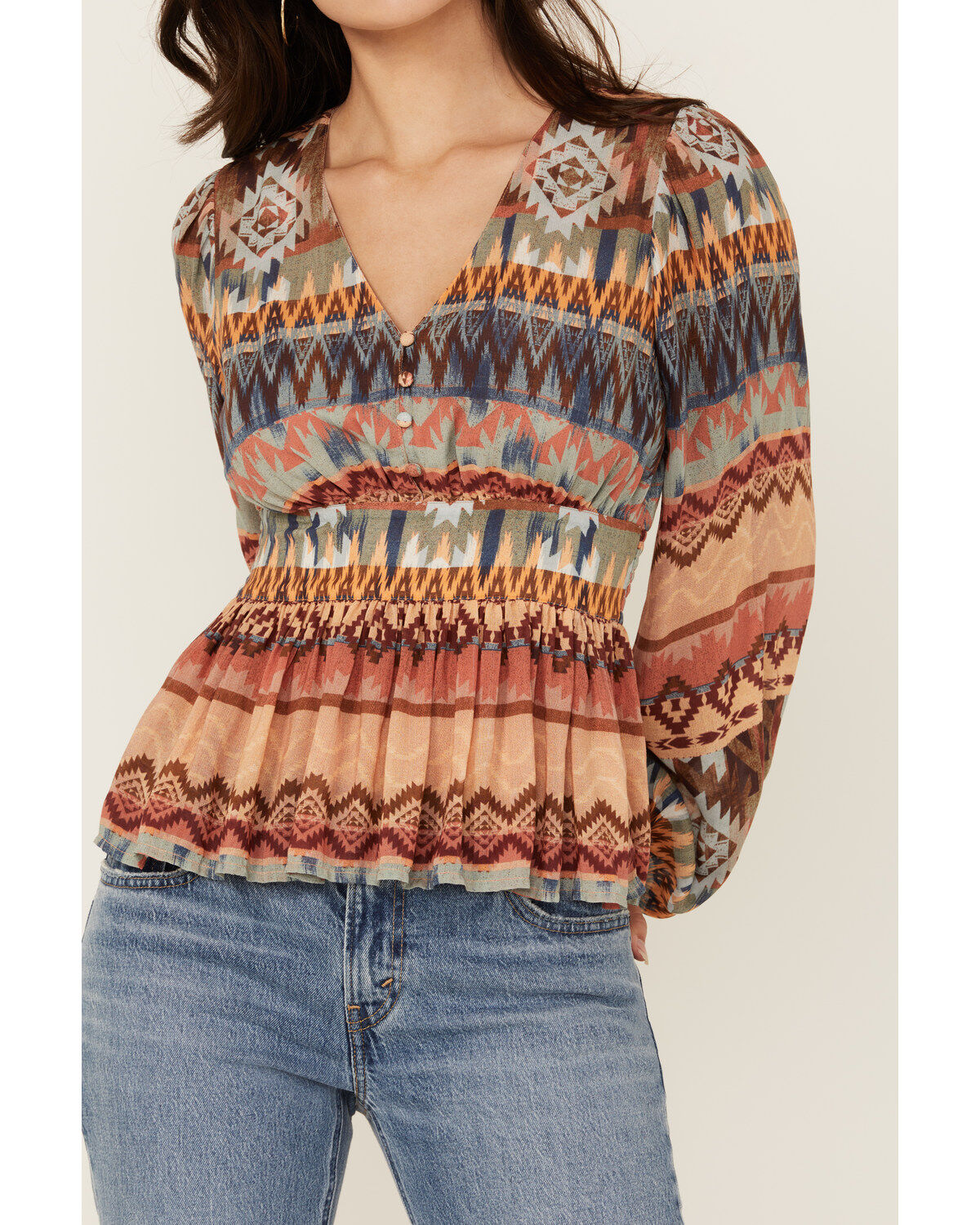 Shyanne Women's Southwestern Print Long Sleeve Crepe Shirt