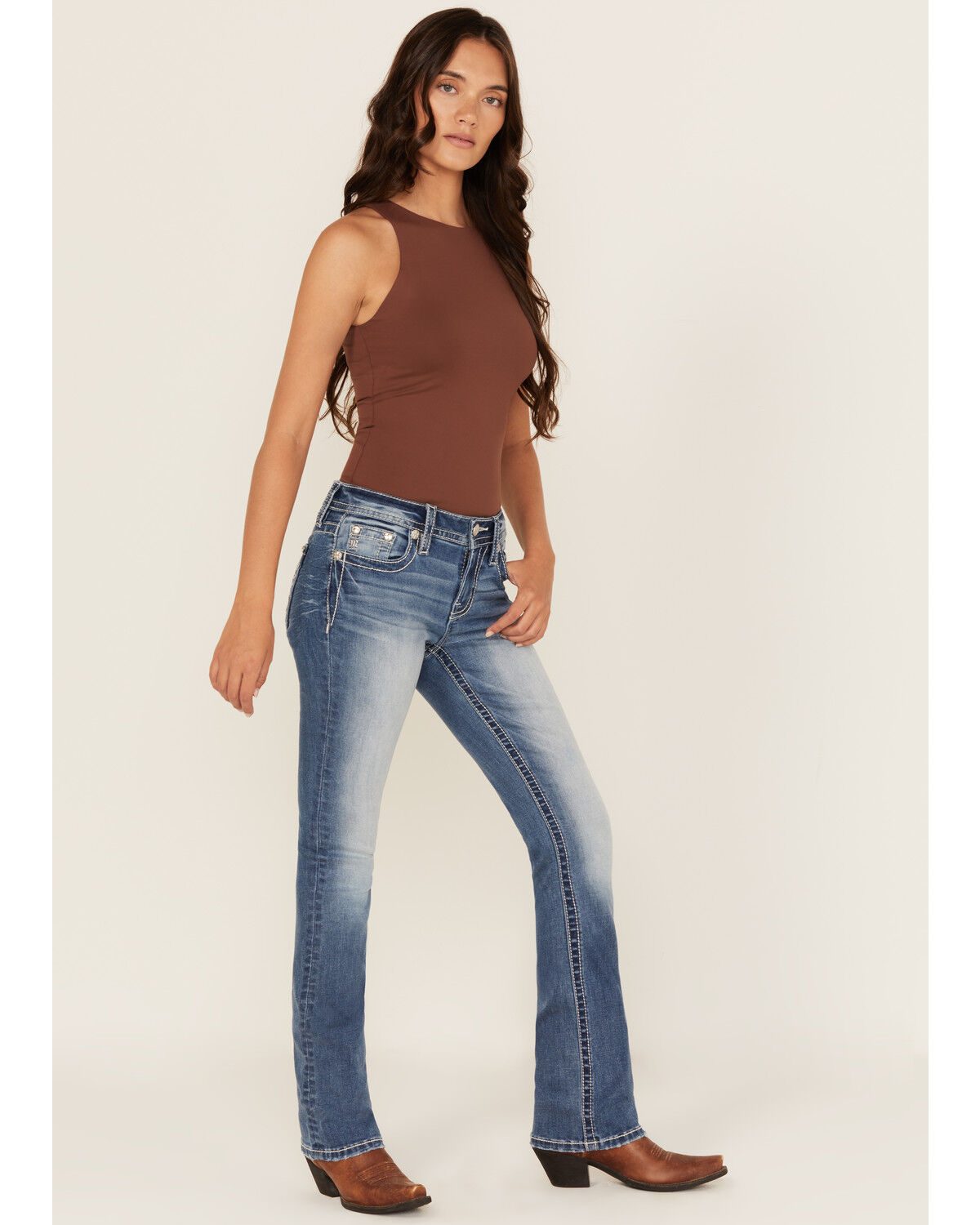 Miss Me Women's Medium Wash Mid Rise Steer Head Bootcut Stretch Denim Jeans