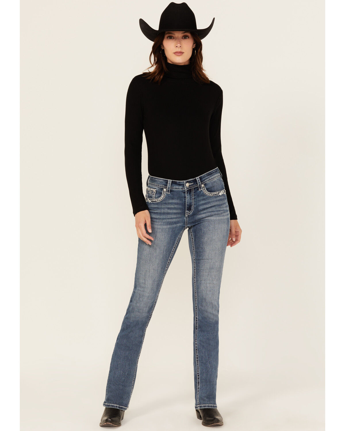 Grace In LA Women's Medium Wash Geo Print Embroidered Mid Rise Bootcut Stretch Denim Jeans