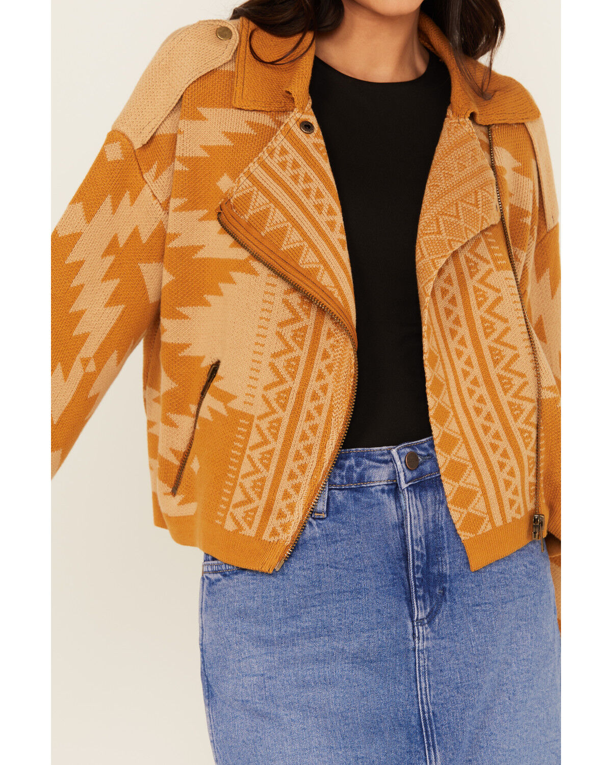 Miss Me Women's Southwestern Print Knit Moto Jacket