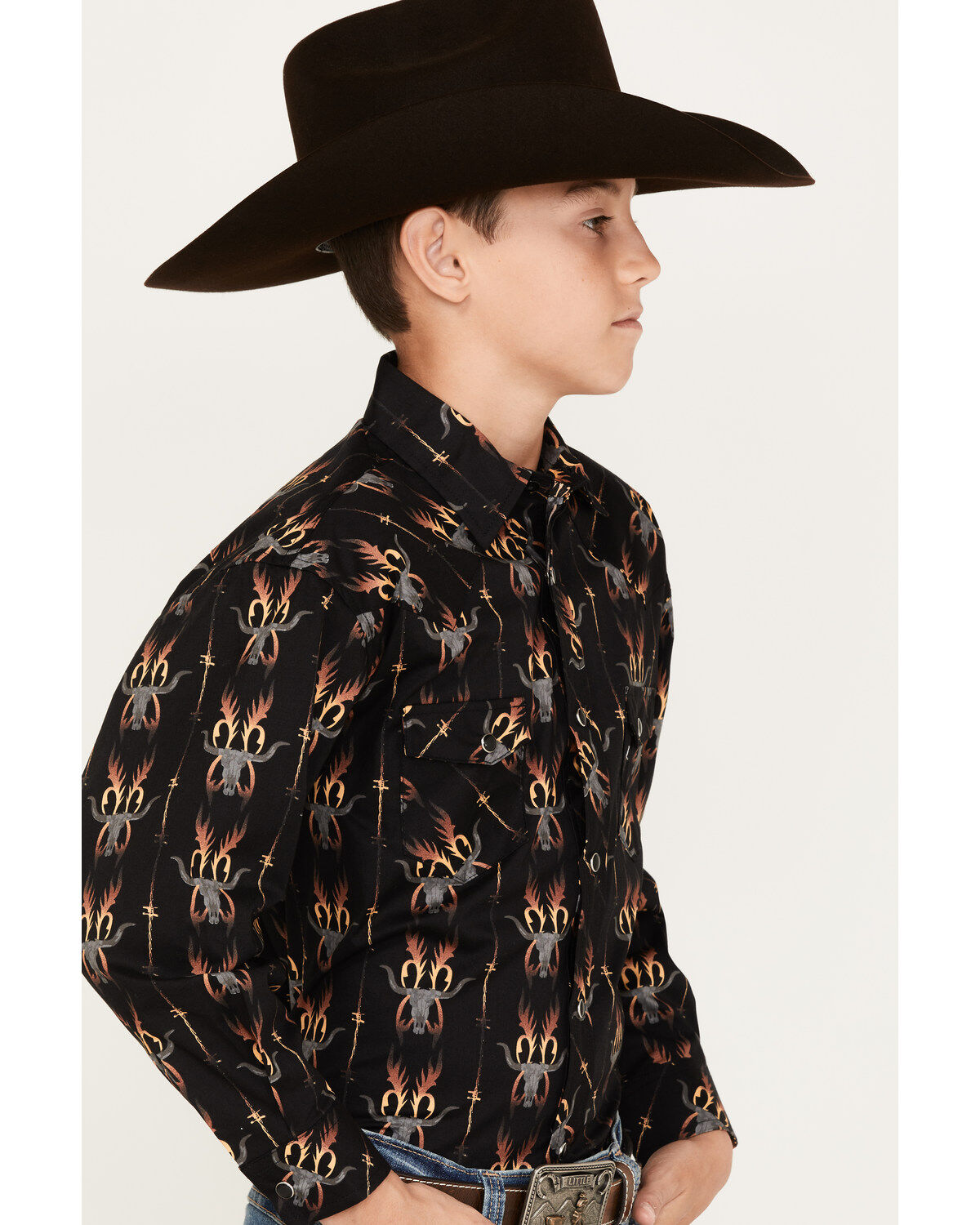 Rock & Roll Denim Boys' Dale Brisby Flame Steer Head Long Sleeve Snap Western Shirt