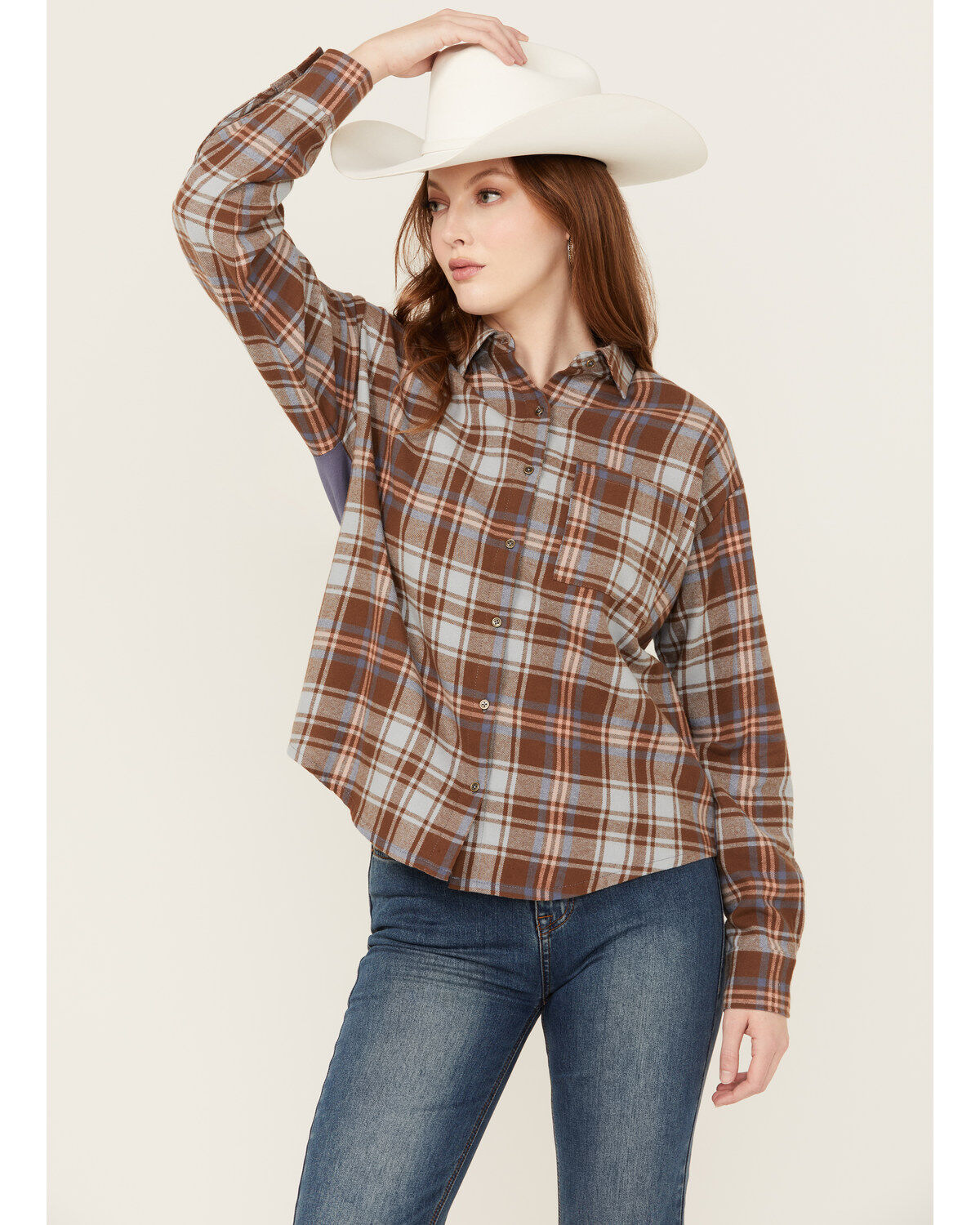 Cleo + Wolf Women's Mixed Media Plaid Print Button-Down Graphic Flannel Shirt