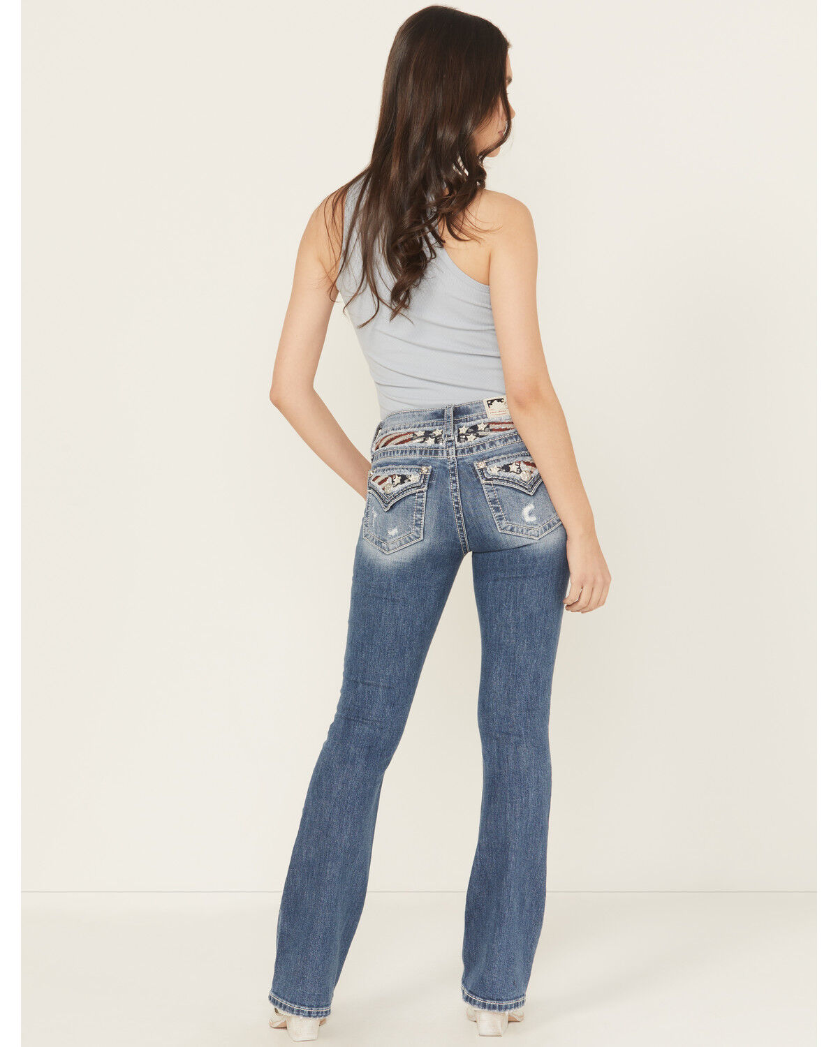 Miss Me Women's Medium Wash Mid Rise Americana Blowout Bootcut Stretch Denim Jeans