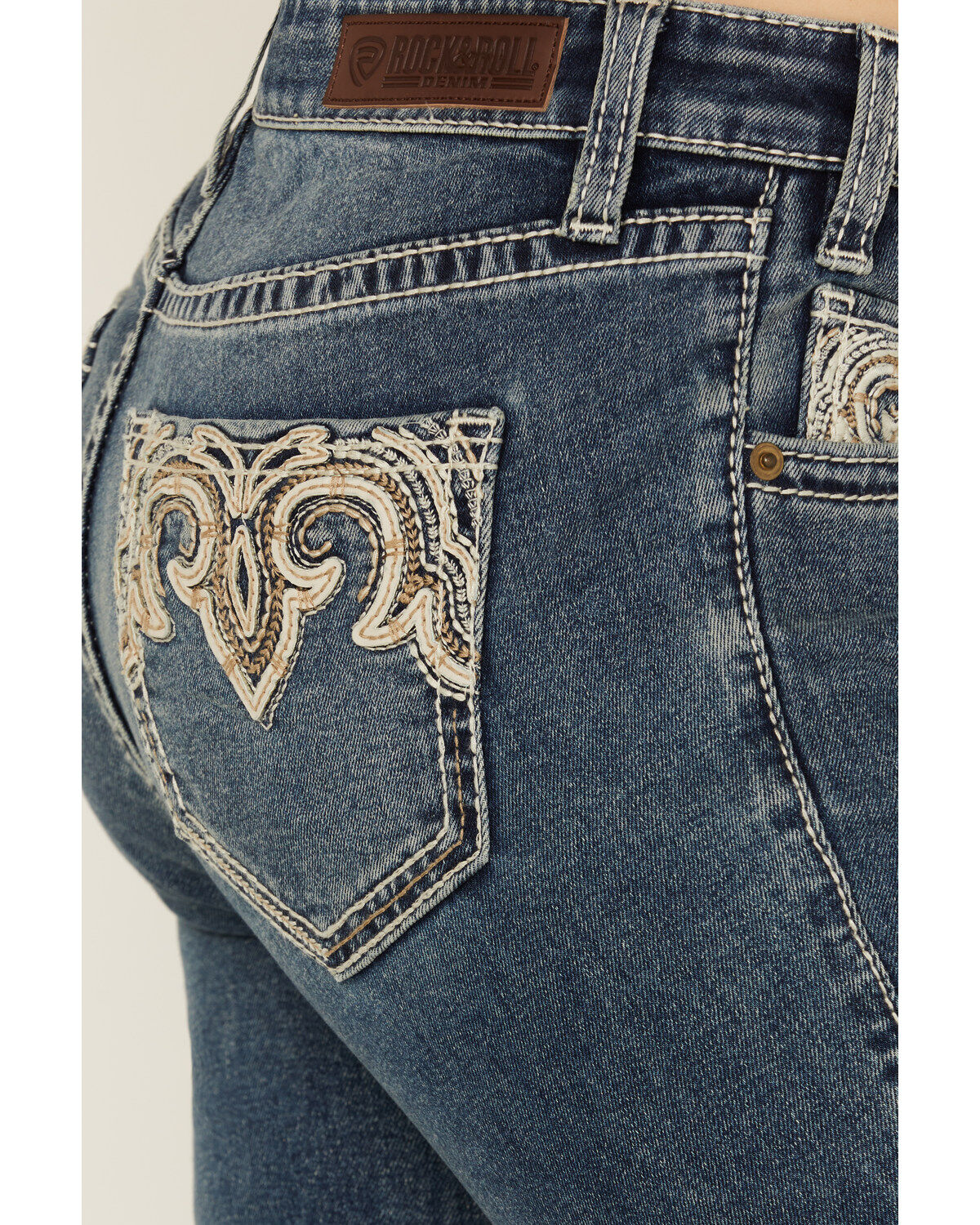 Rock & Roll Denim Women's Medium Wash Mid Rise Leather Embroidered Bootcut Stretch Denim Jeans