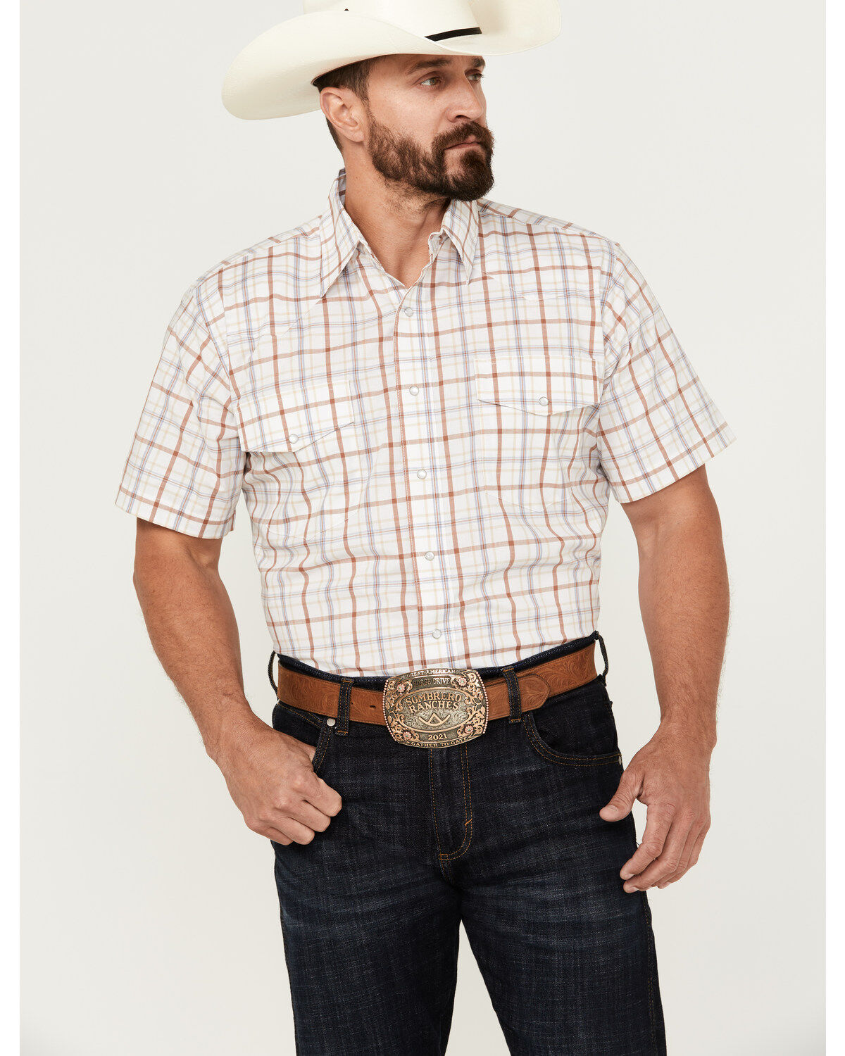 Wrangler Men's Wrinkle Resist Plaid Print Short Sleeve Pearl Snap Western Shirt