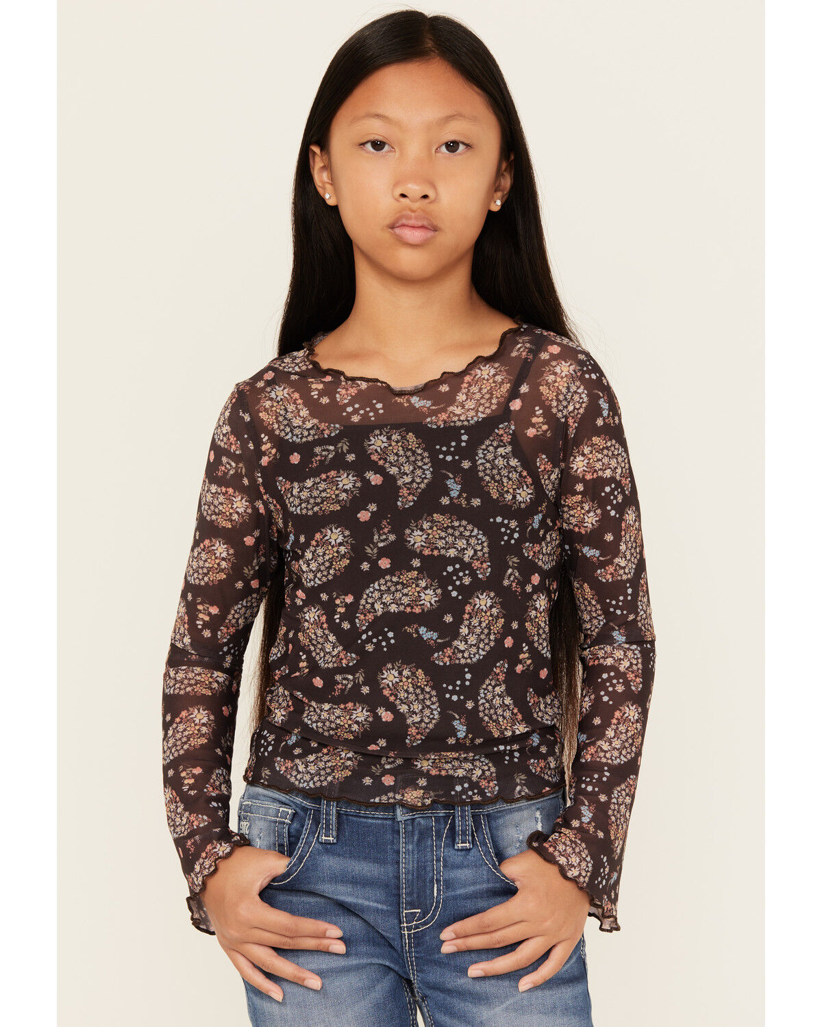 Trixxi Girls' Paisley Print Long Sleeve Mesh Top