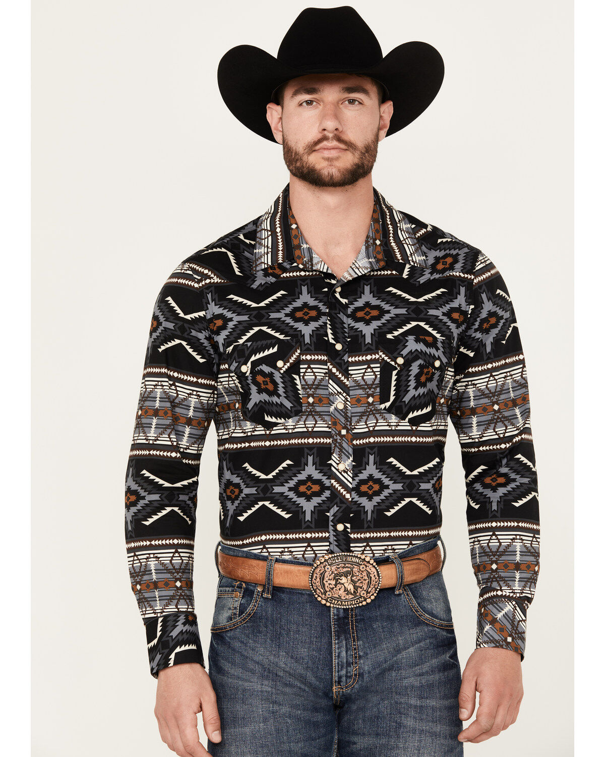 Rock & Roll Denim Men's Southwestern Print Stretch Long Sleeve Snap Western Shirt