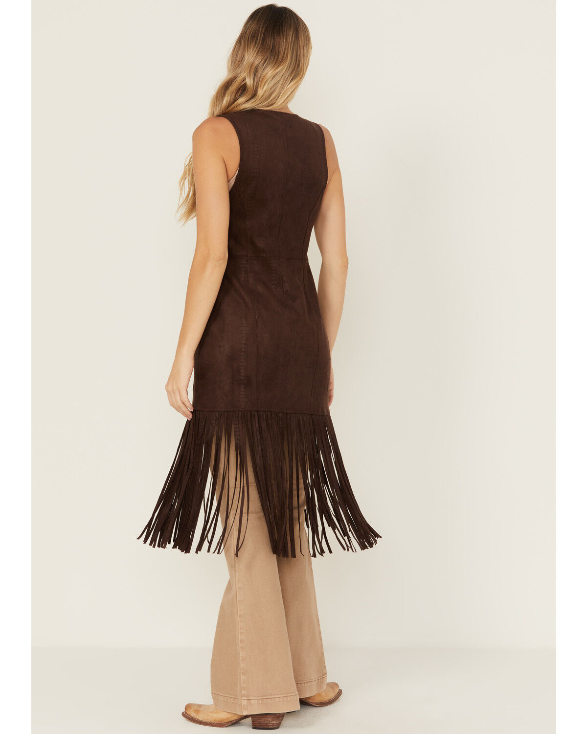 Shyanne Women's Embossed Southwestern Print Fringe Faux Suede Vest