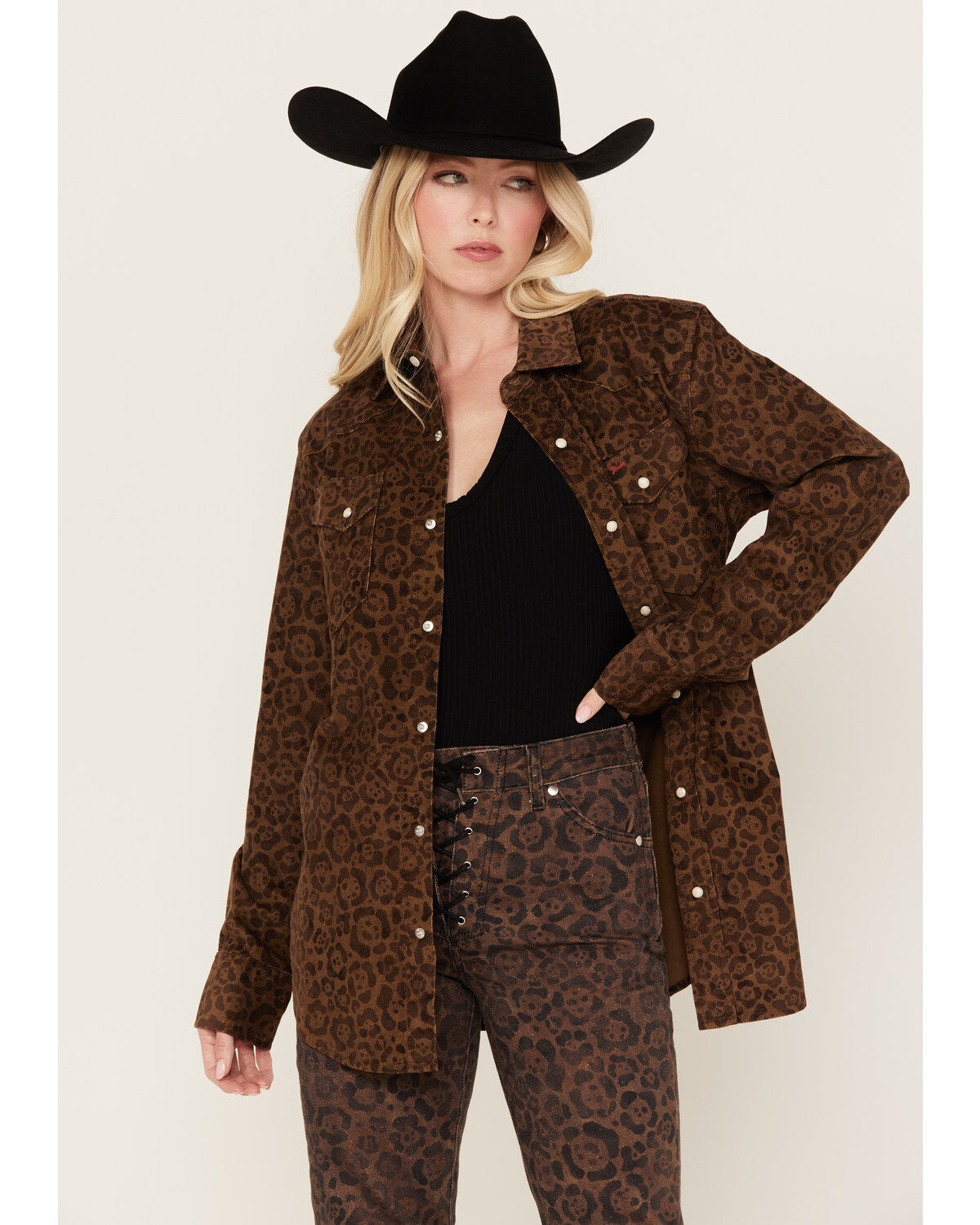 Wrangler X Fender Women's Leopard Print Long Sleeve Snap Shirt