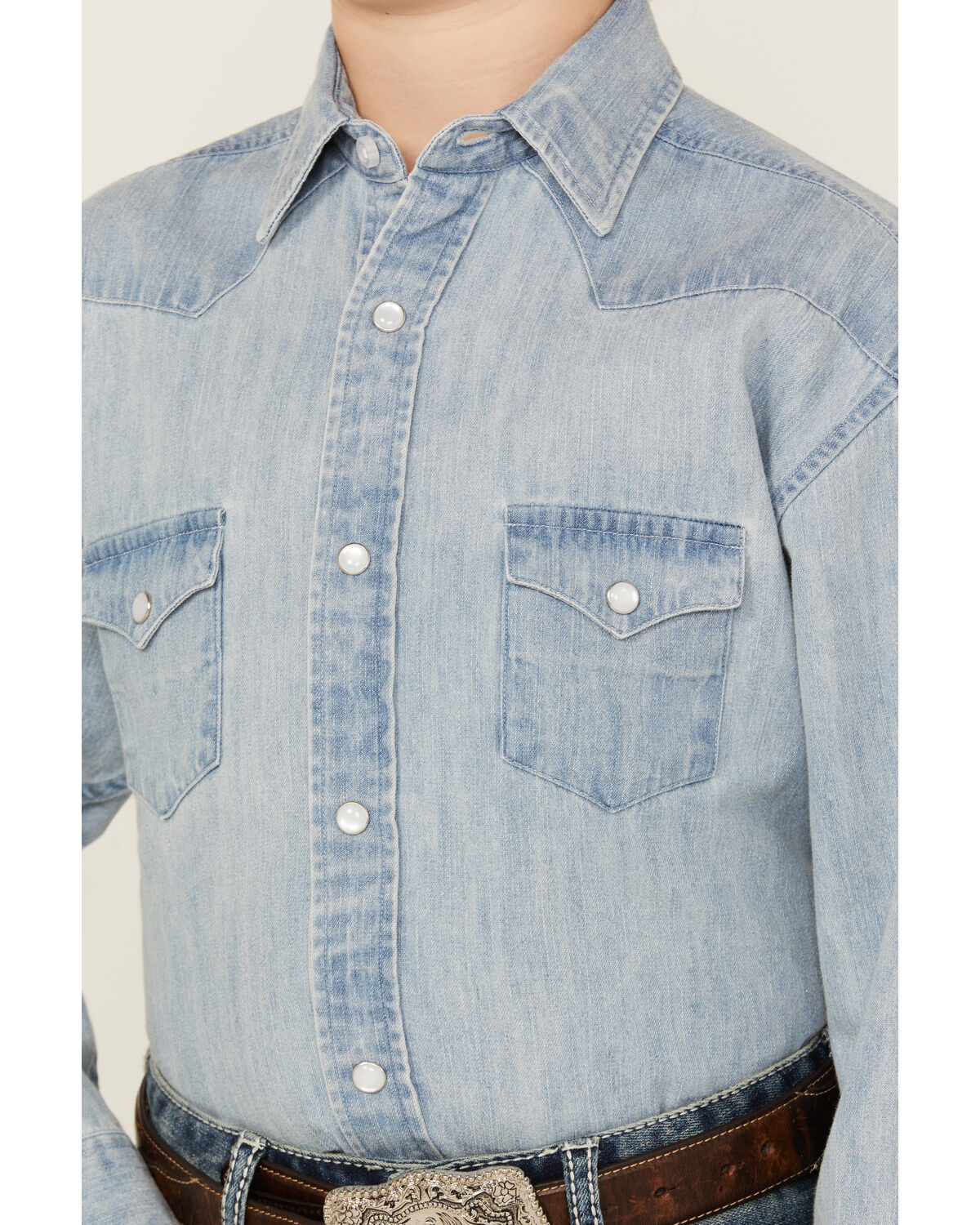 Rock & Roll Denim Boys' Light Wash Denim Long Sleeve Pearl Snap Western Shirt