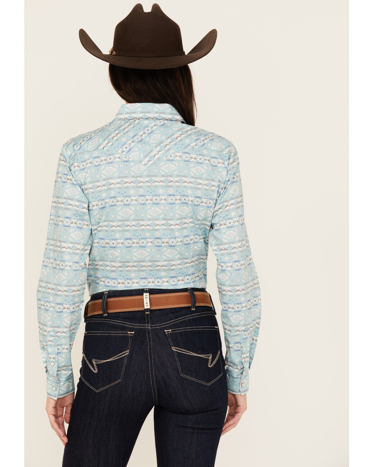 Rough Stock Women's Southwestern Print Long Sleeve Pearl Snap Stretch Western Shirt