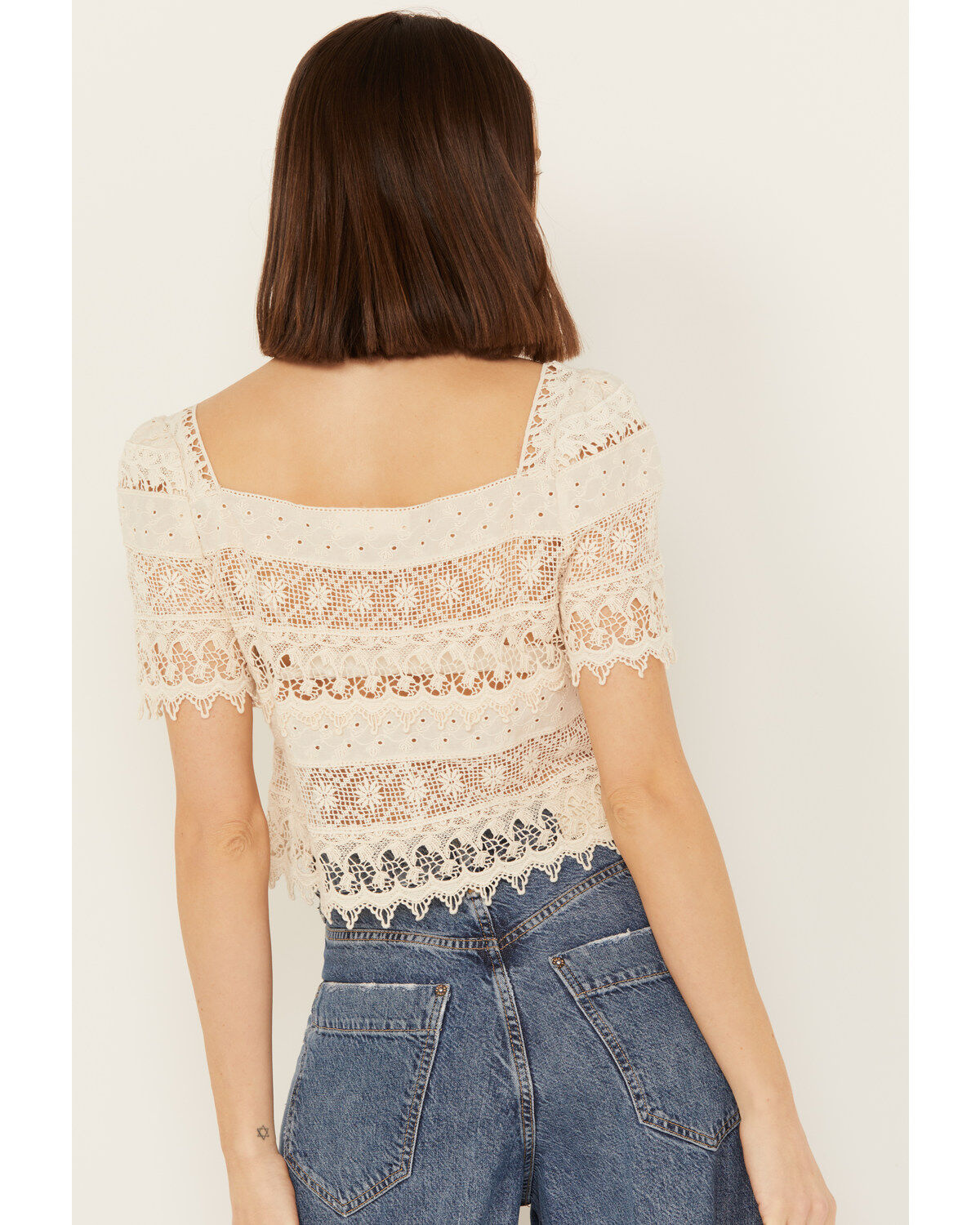 By Together Women's Crochet Short Sleeve Peasant Top