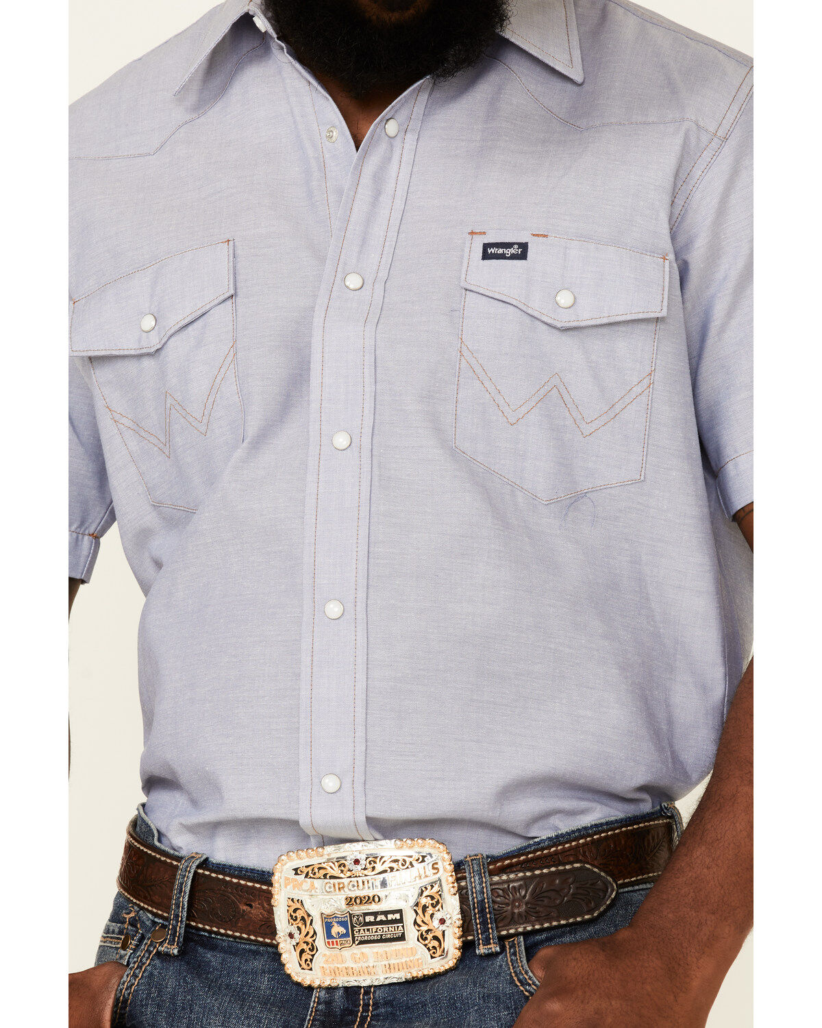 Wrangler Men's Chambray Rigid Cowboy Cut Short Sleeve Pearl Snap Work Shirt