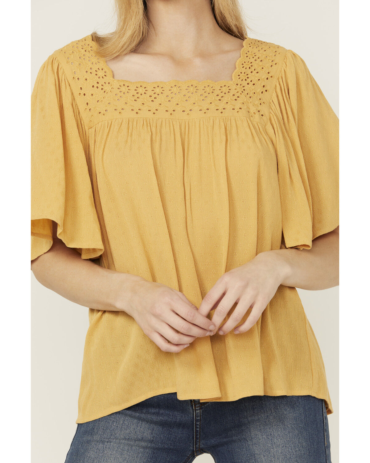 Band Of The Free Women's Solid Short Sleeve Ruffle Blouse