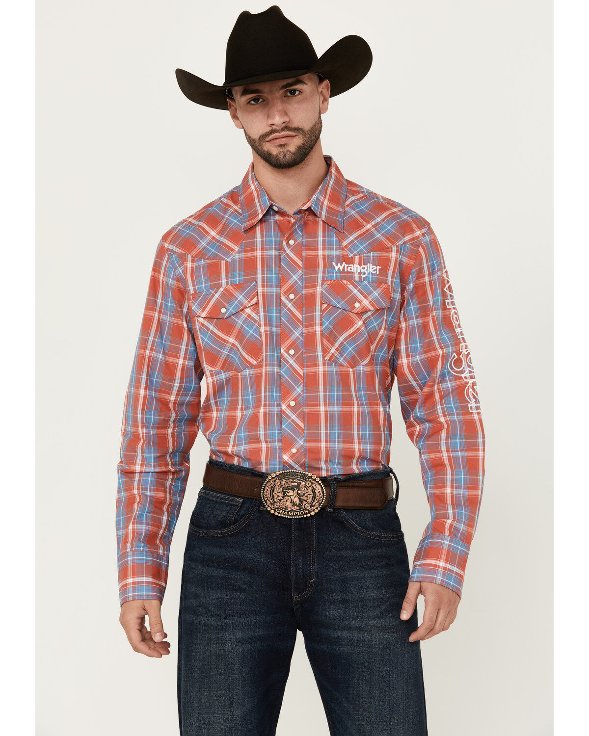 Wrangler Men's Logo Plaid Print Long Sleeve Snap Western Shirt