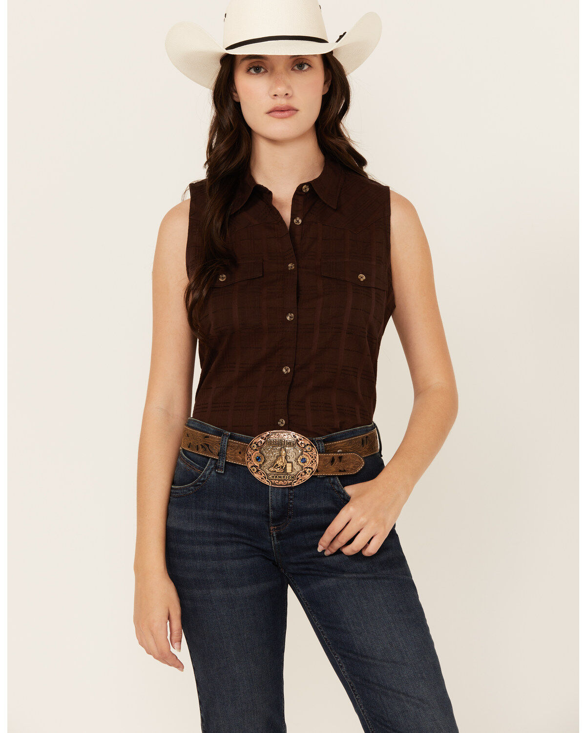 Shyanne Women's Shadow Striped Sleeveless Button-Down Western Shirt