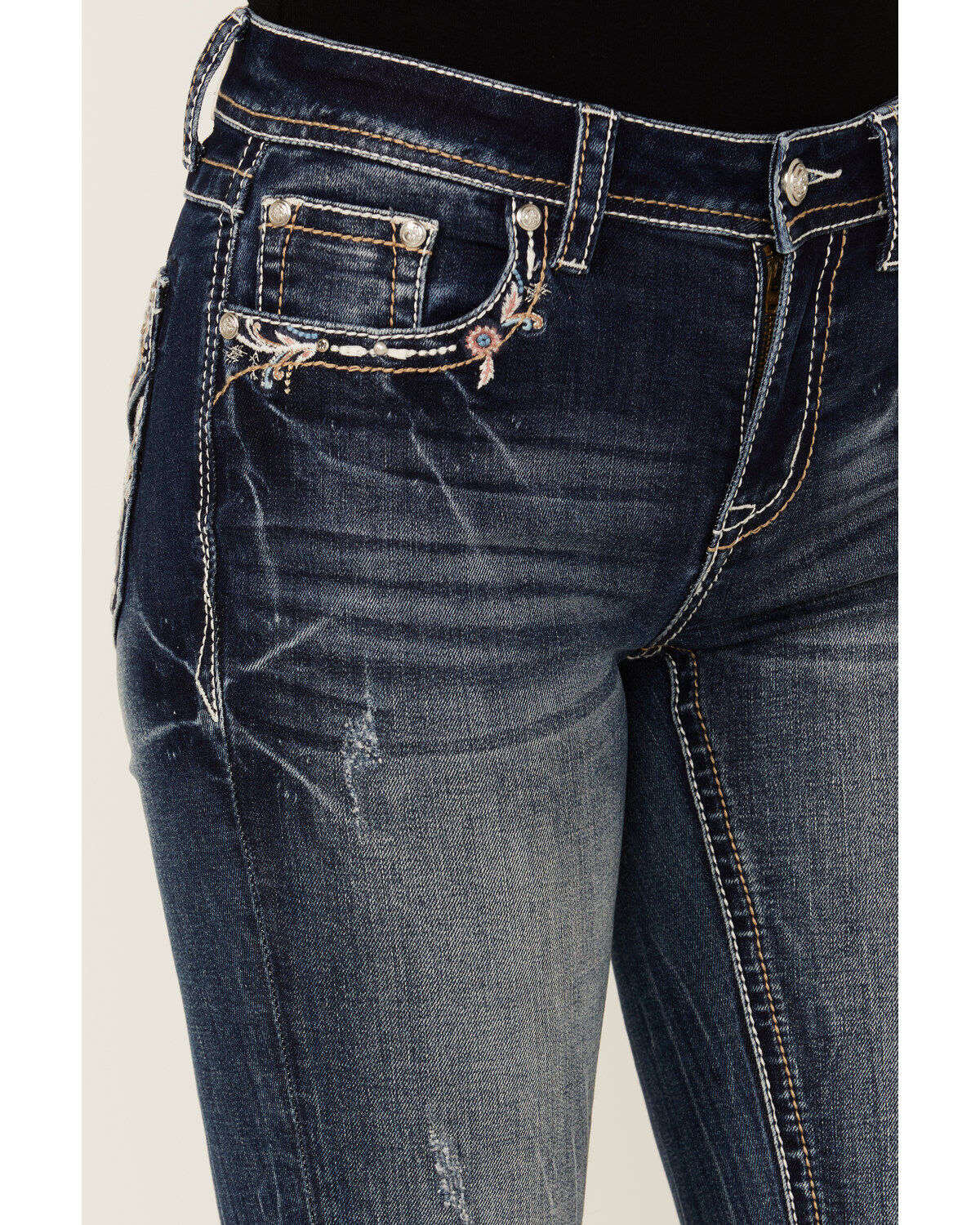 Grace In LA Women's Medium Wash Floral Paisley Embroidered Mid Rise Bootcut Stretch Denim Jeans