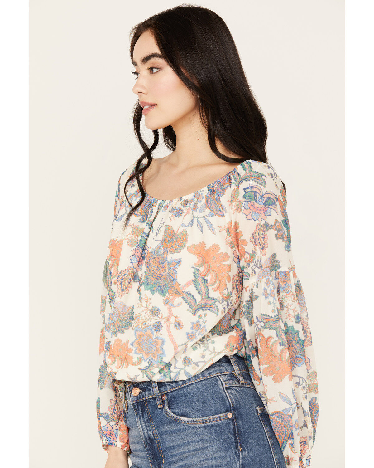 Flying Tomato Women's Floral Long Sleeve Peasant Top