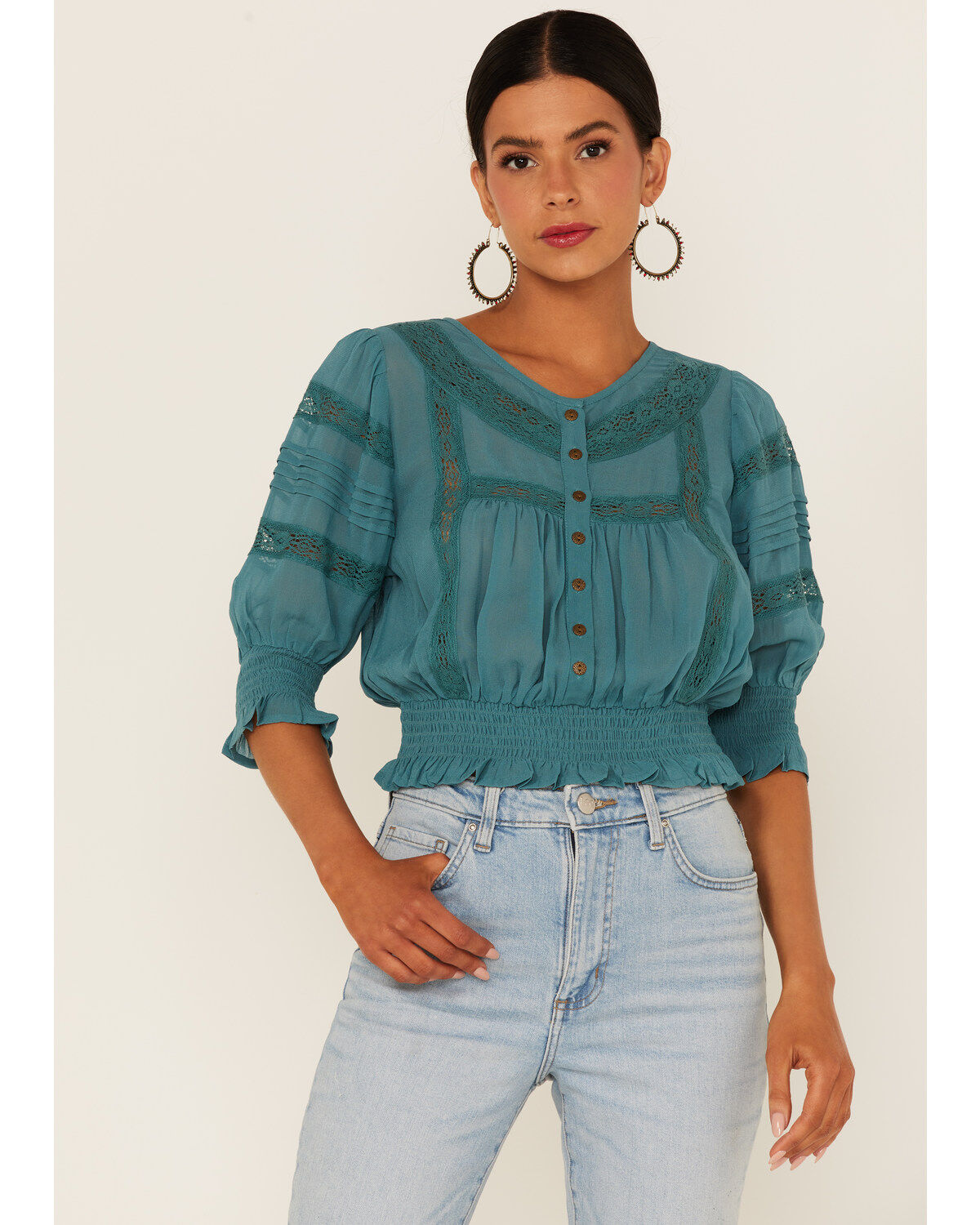 Patrons of Peace Women's Woven Lace Smocked Bottom Blouse