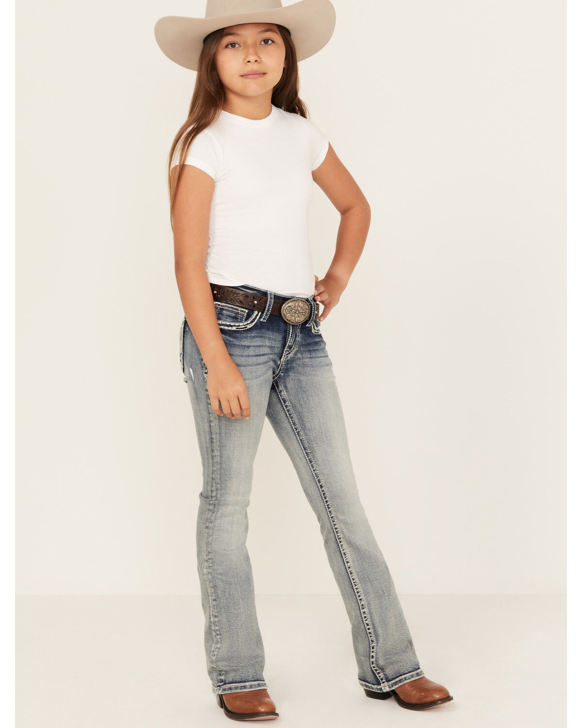 Grace in LA Girls' Light Wash Horseshoe Floral Bootcut Denim Jeans