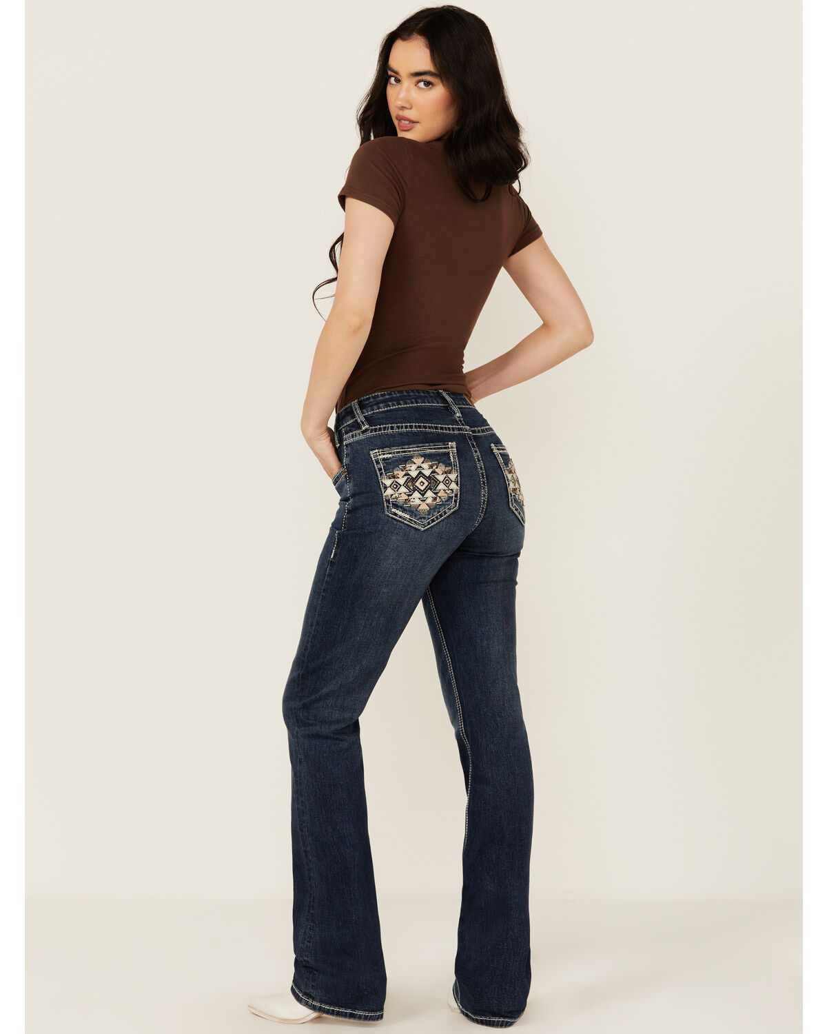 Rock & Roll Denim Women's Dark Wash Mid Rise Geo Pocket Bootcut Stretch Denim Jeans