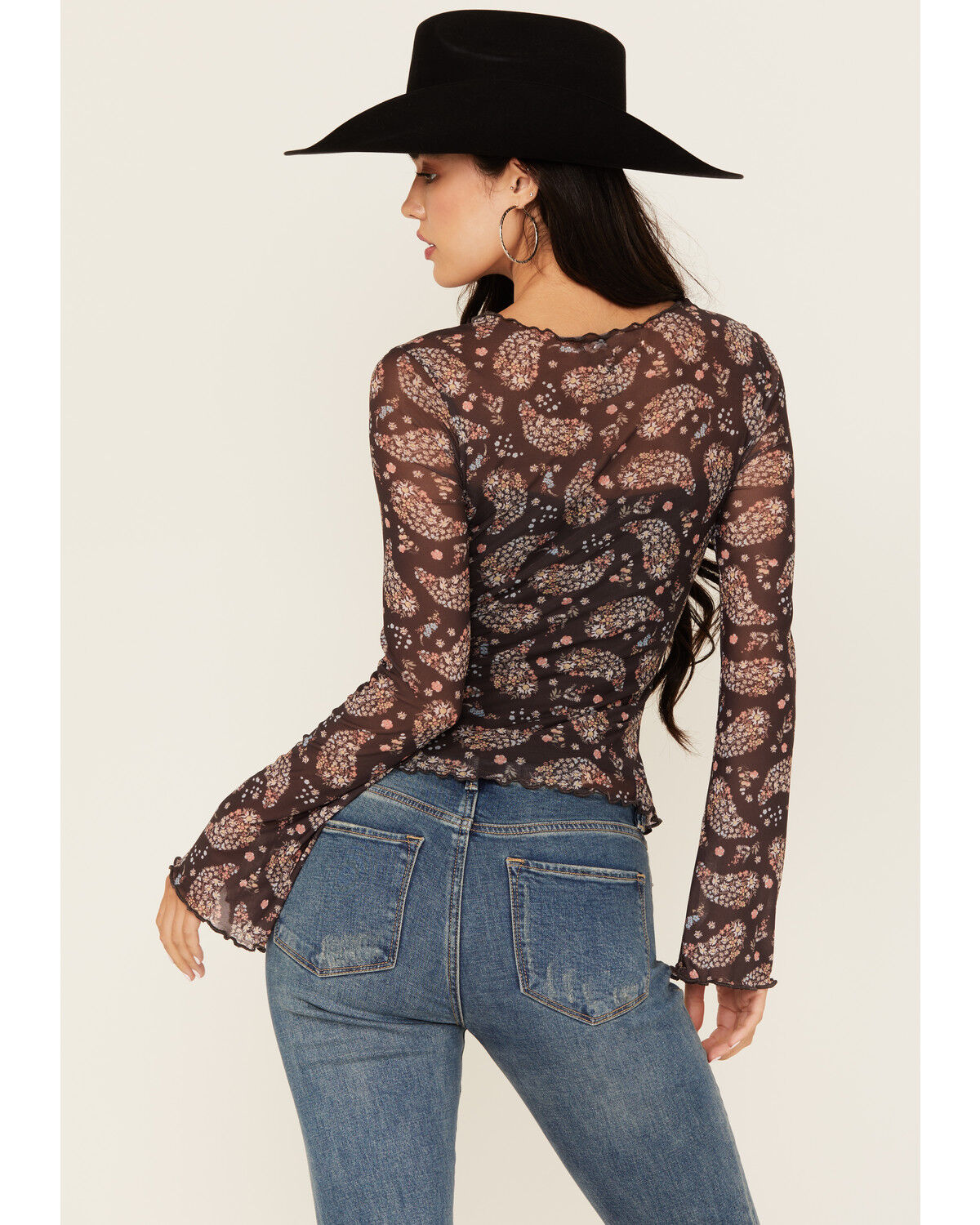 Ash & Violet Women's Paisley Print Mesh Seamed Long Sleeve Top