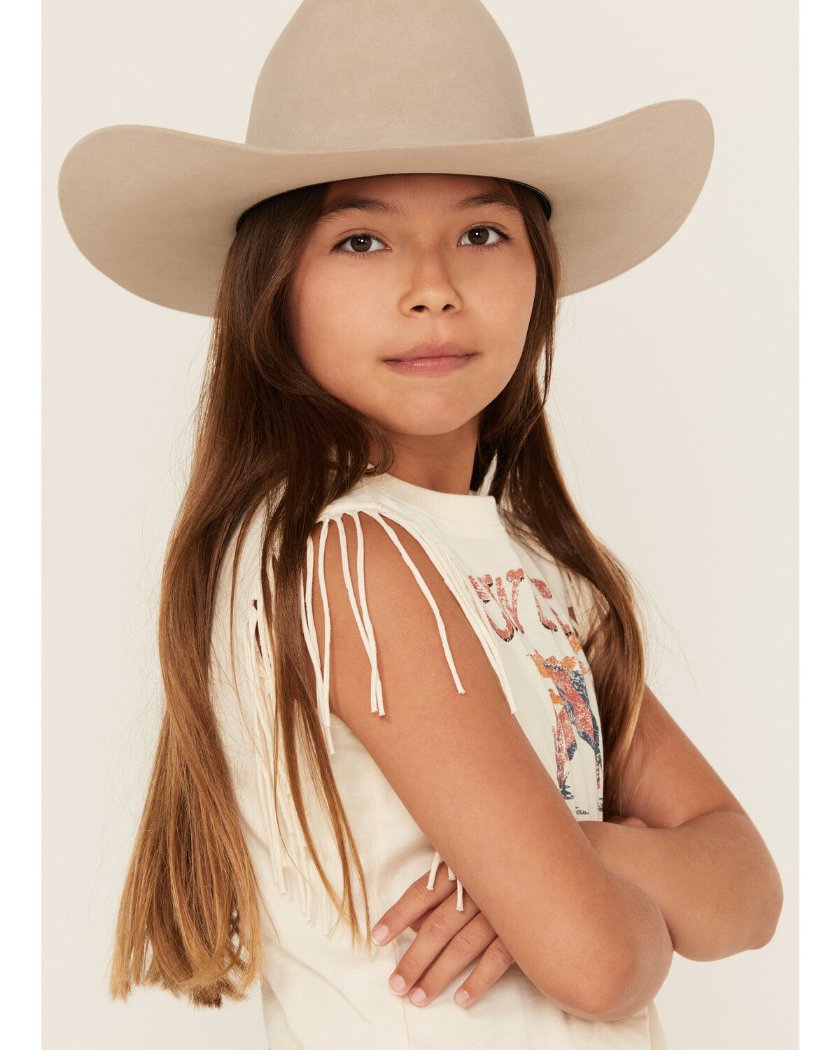 Shyanne Girls' Cowgirl State Fringe Sleeve Tie-Front Tee