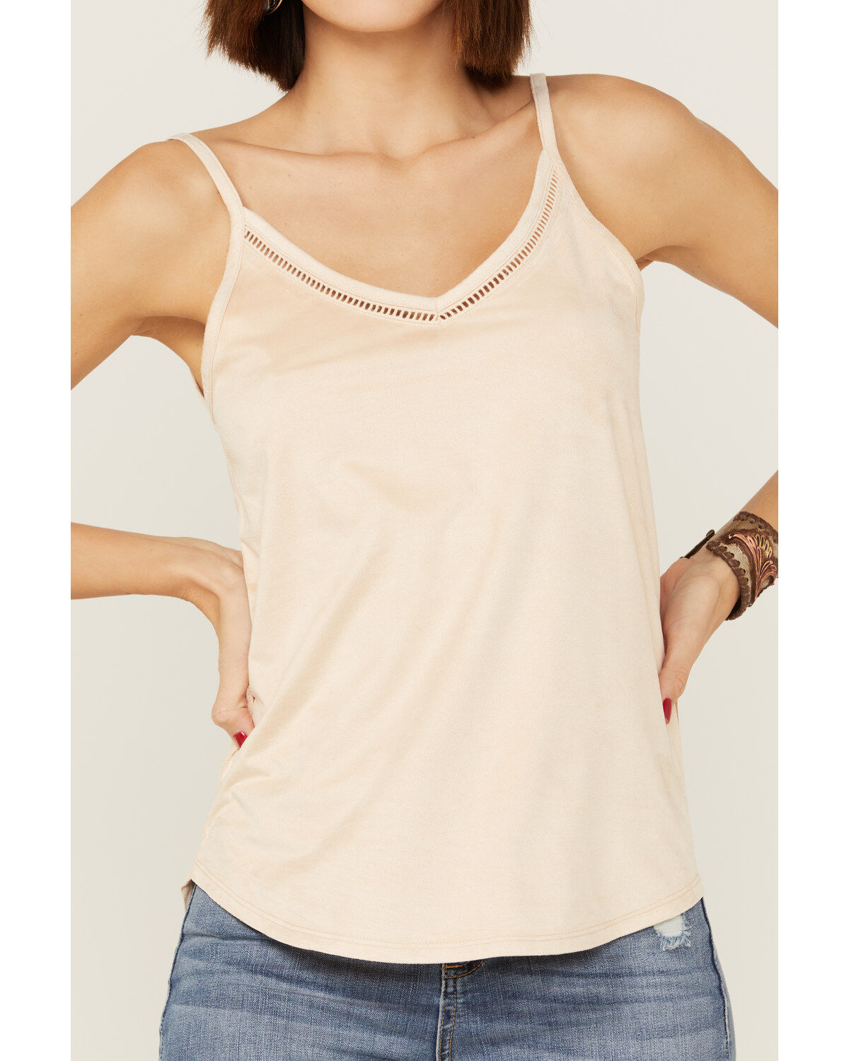 Shyanne Women's Faux Suede Lace Trim Taupe Cami