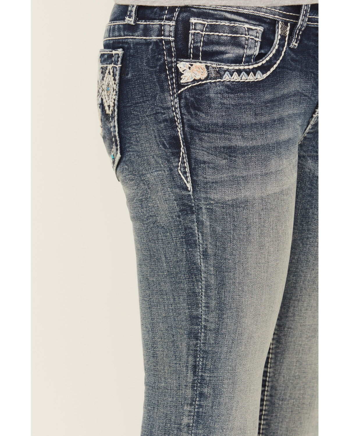 Grace In LA Girls' Chevron Cactus Embroidered Bootcut Stretch Denim Jeans