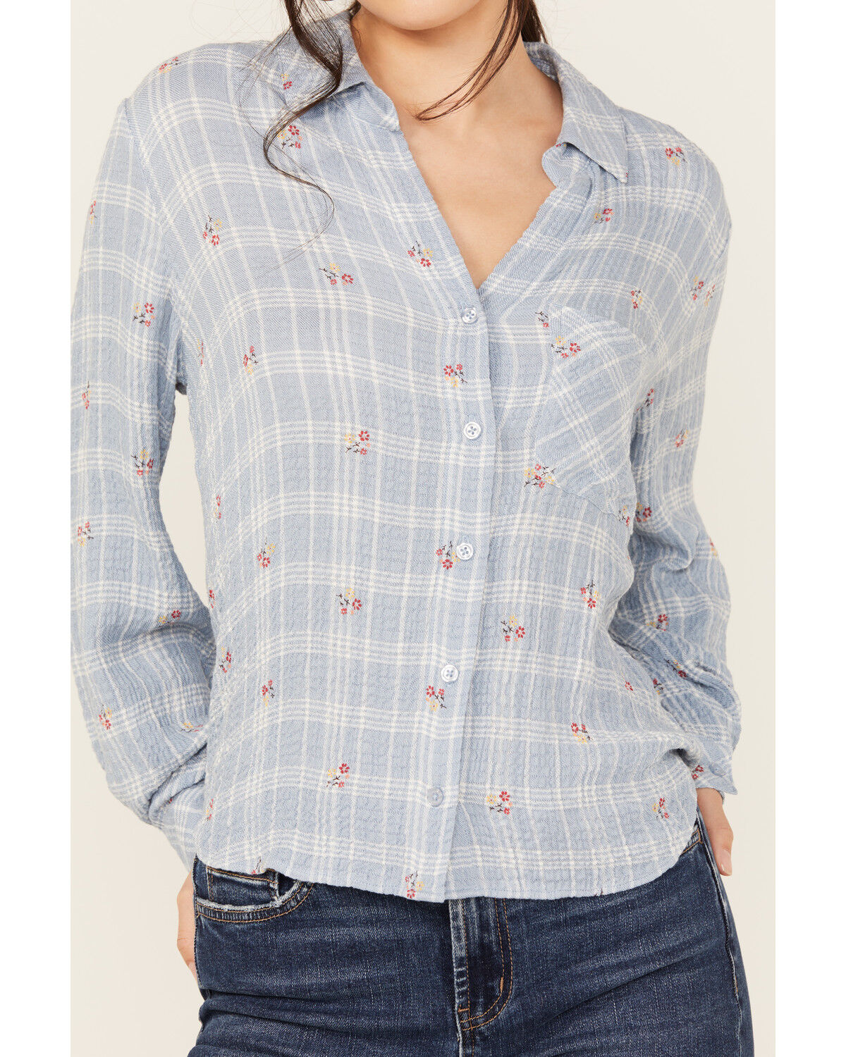 Beyond The Radar Women's Plaid Print Floral Long Sleeve Button-Down Shirt