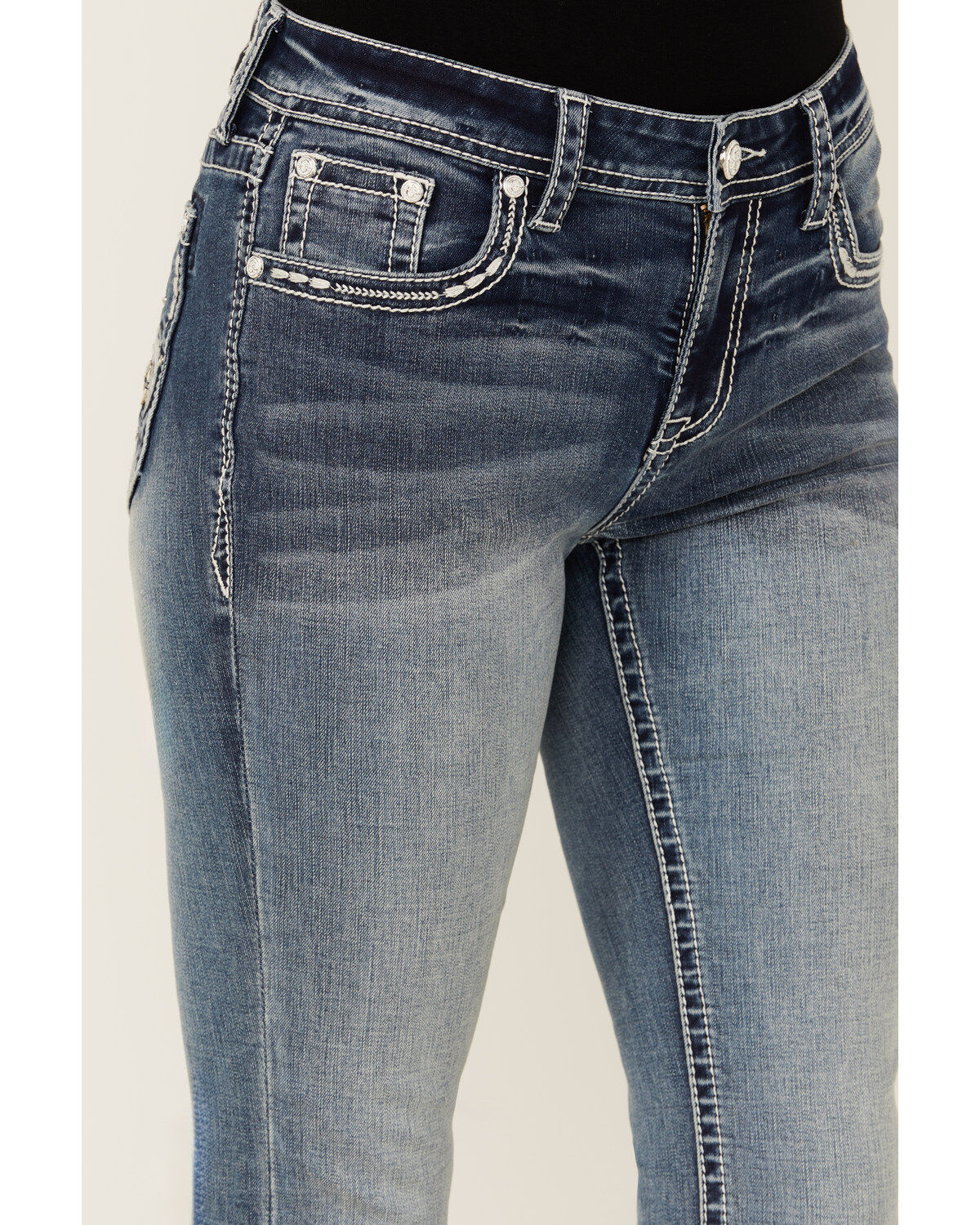 Grace In LA Women's Medium Wash Americana Fleur De Lis Mid Rise Bootcut Stretch Denim Jeans