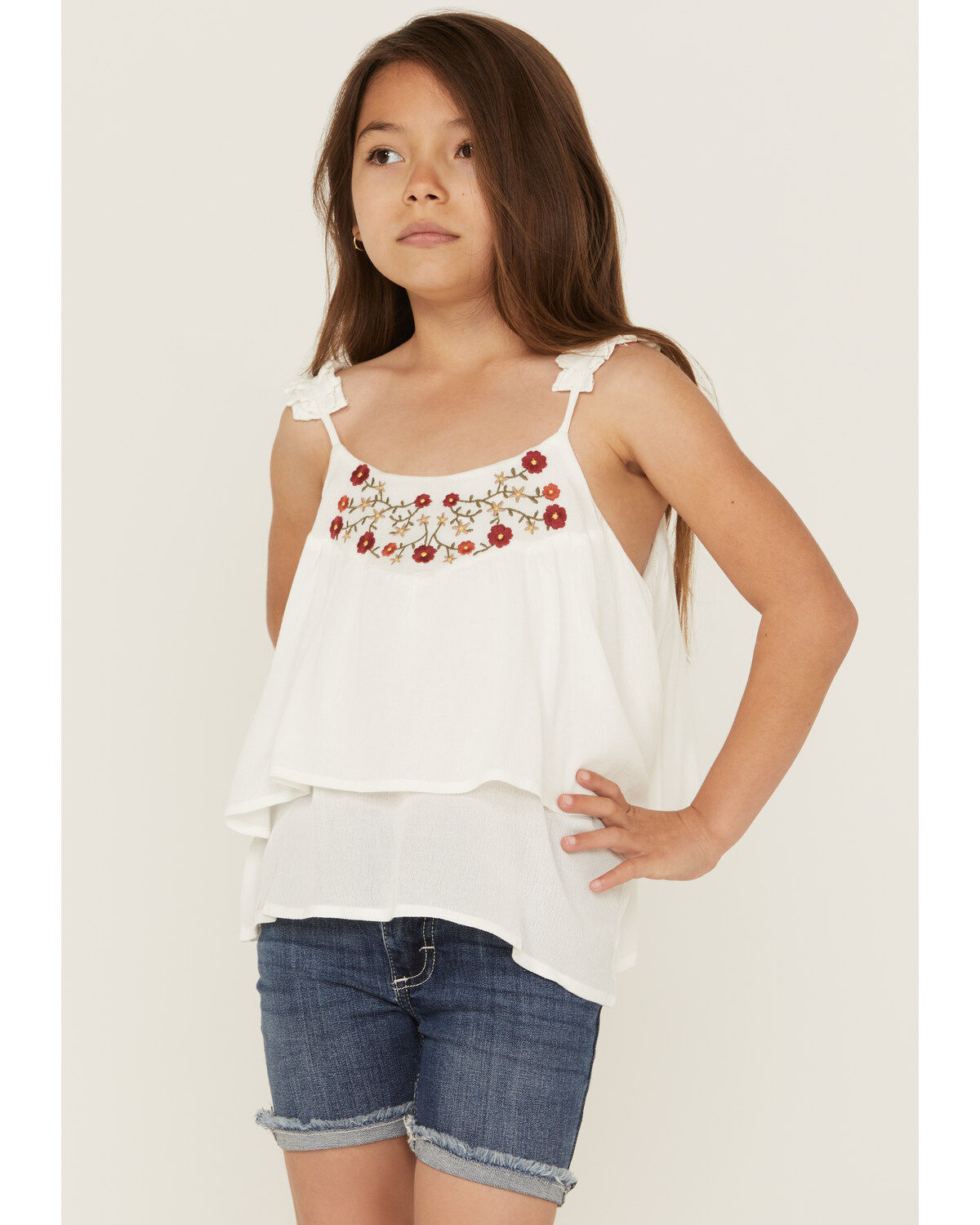 Hayden Girls' Embroidered Pleated Tank