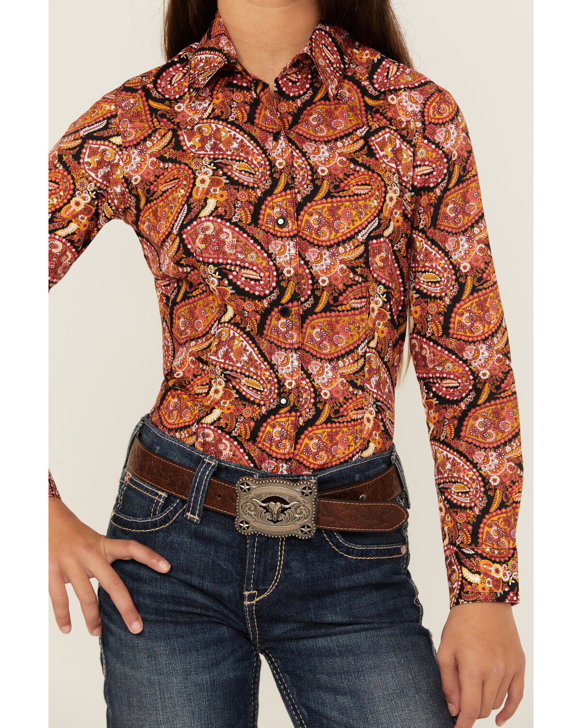 Cruel Girl Girls' Paisley Print Long Sleeve Button-Down Western Shirt