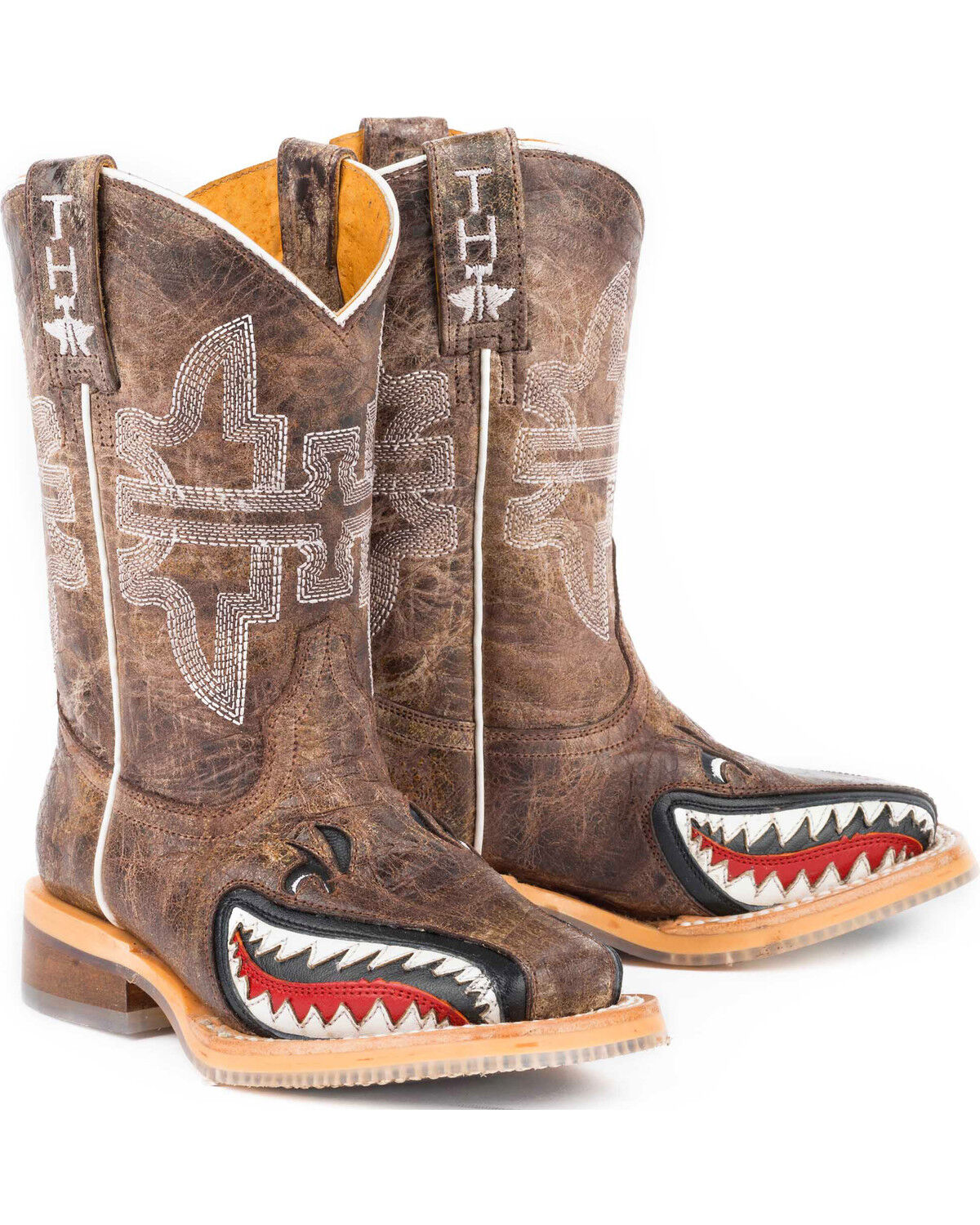 Tin Haul Boys' Tan and Red 8" Leather Western Boots - Square Toe