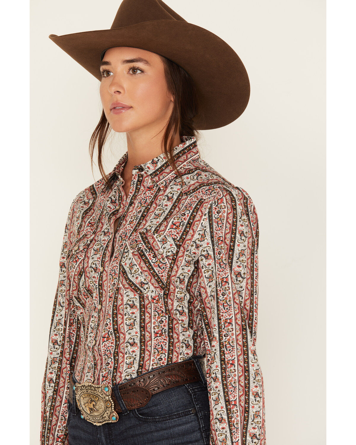 Cruel Girl Women's Paisley Stripe Long Sleeve Pearl Snap Western Shirt