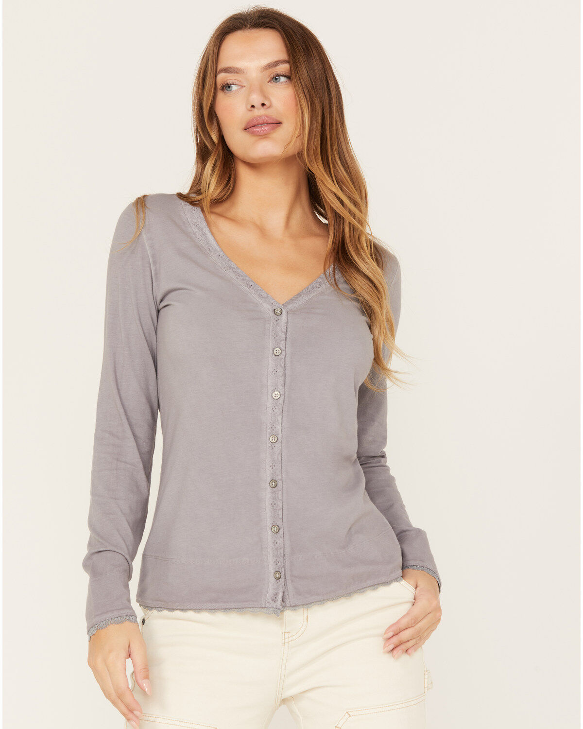 Cleo + Wolf Women's Acid Wash V-Neck Long Sleeve Top