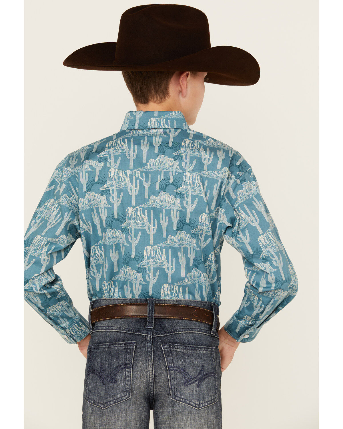 Rock & Roll Denim Boys' Cactus Print Long Sleeve Pearl Snap Stretch Western Shirt