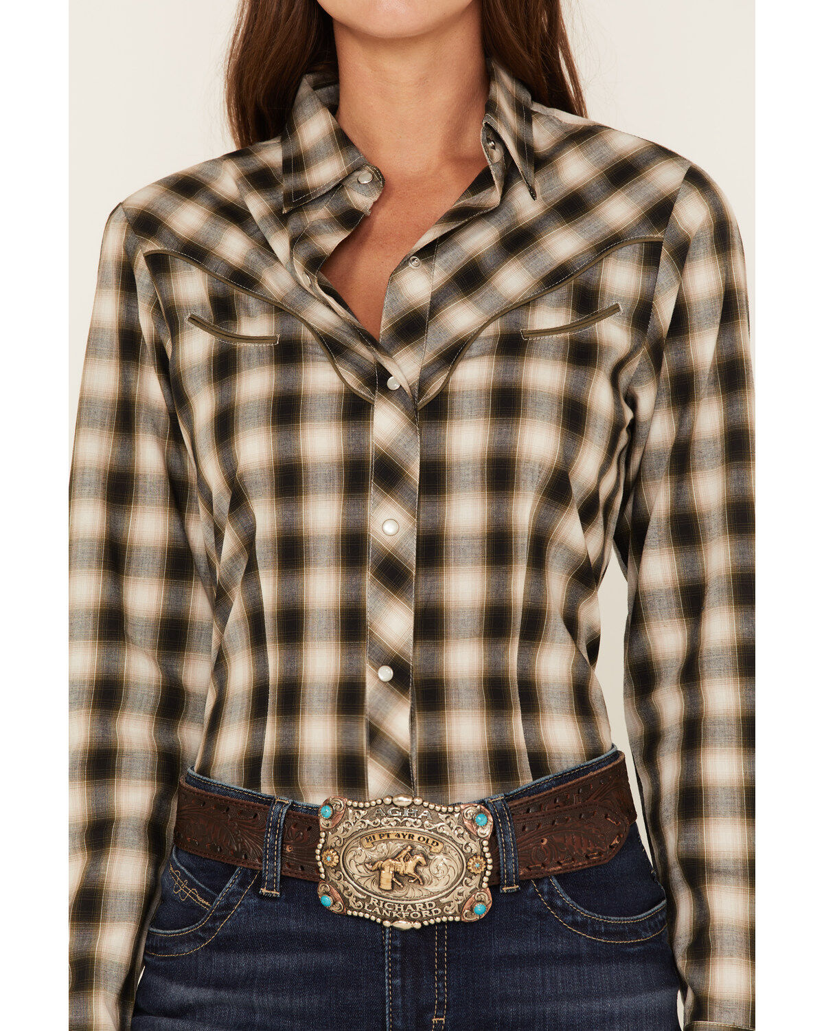 Roper Women's Plaid Print Long Sleeve Pearl Snap Western Shirt
