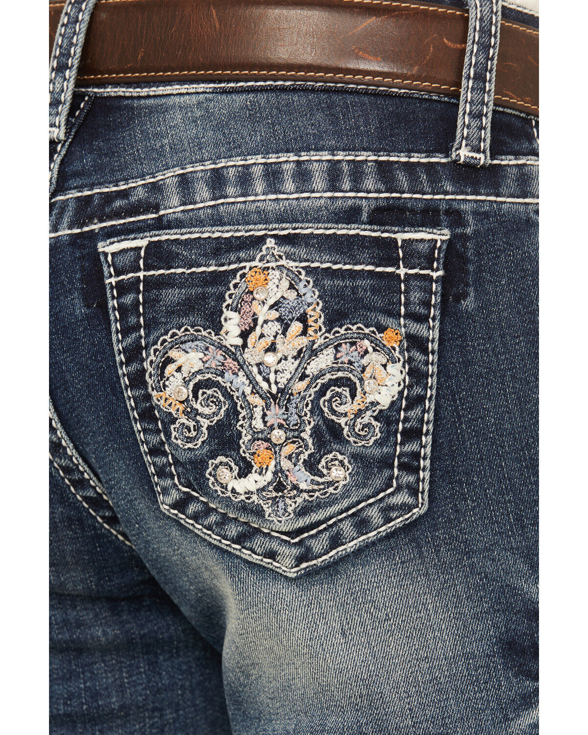 Grace in LA Girls' Medium Wash Mid Rise Floral Fleur de Lis Bootcut Jeans
