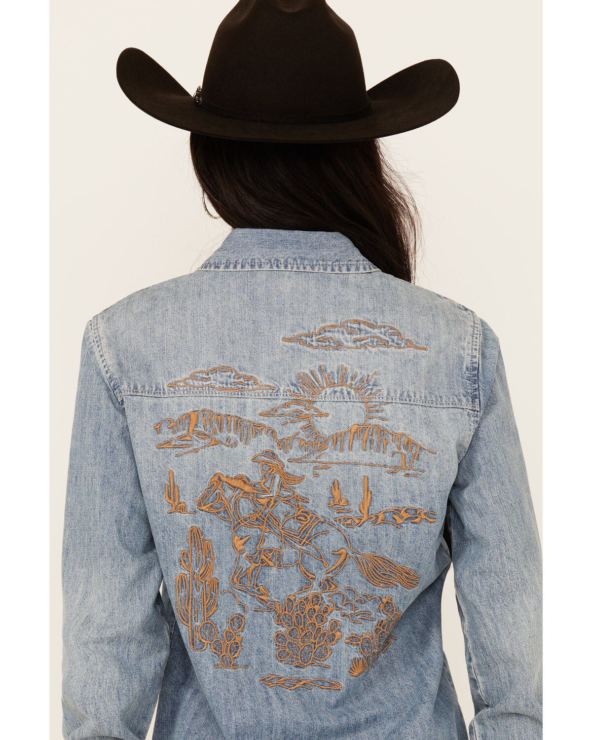 Stetson Women's Medium Wash Embroidered Cowboy Long Sleeve Pearl Snap Denim Shirt