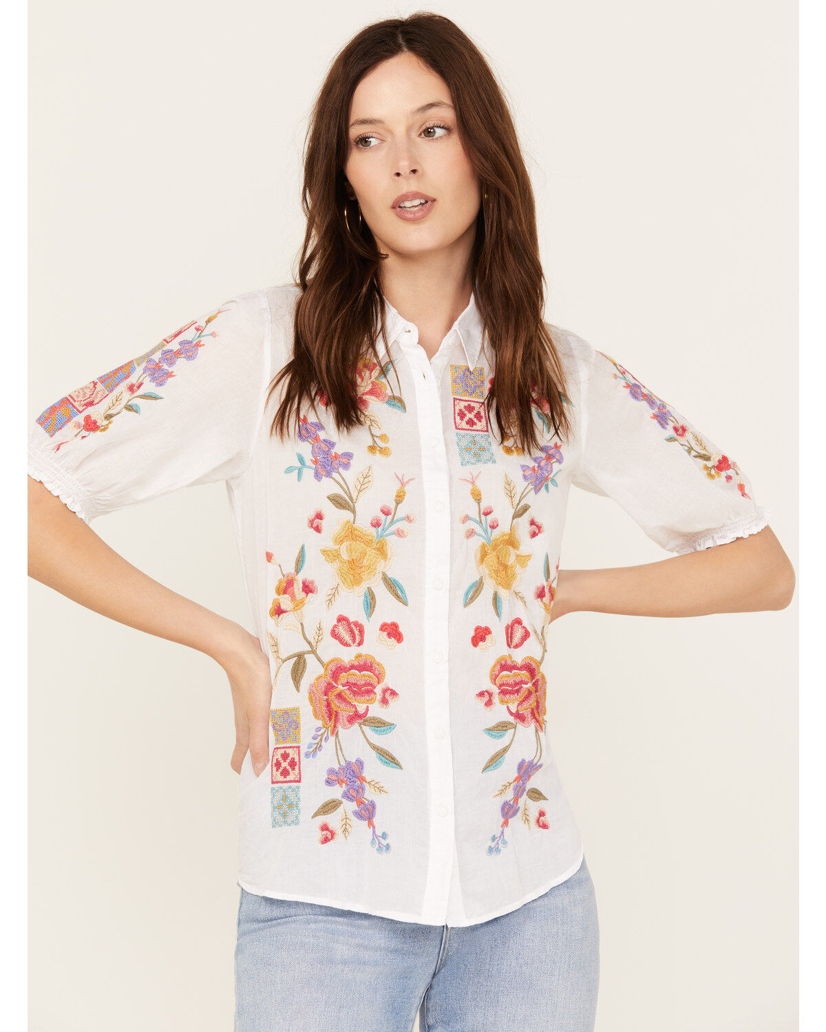 Johnny Was Women's Petunia Smocked Lisbon Shirt