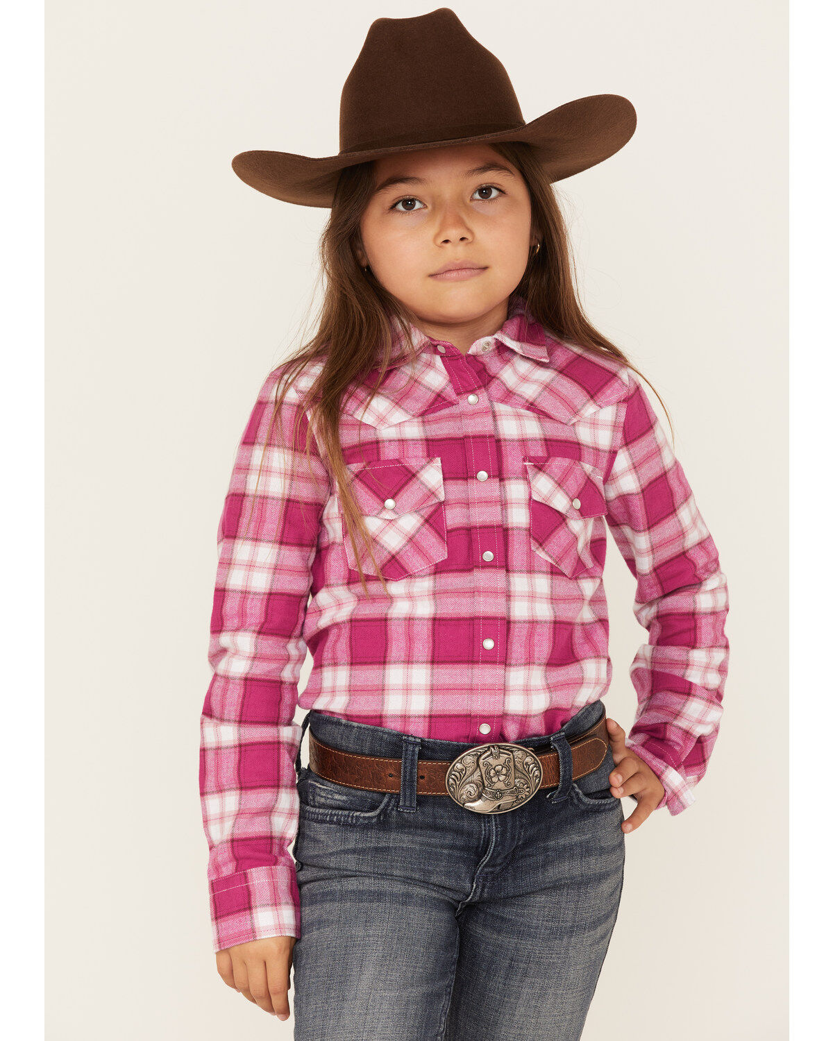 Shyanne Girls' Plaid Print Long Sleeve Pearl Snap Shirt