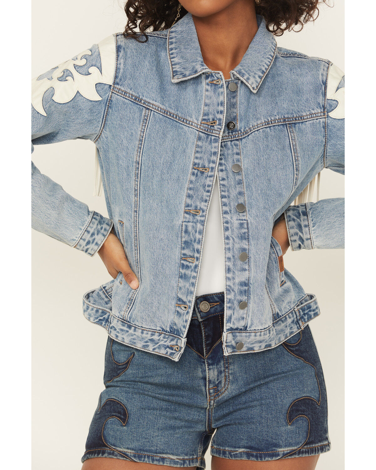 Rock & Roll Denim Women's Light Wash Pleather Fringe Denim Jacket