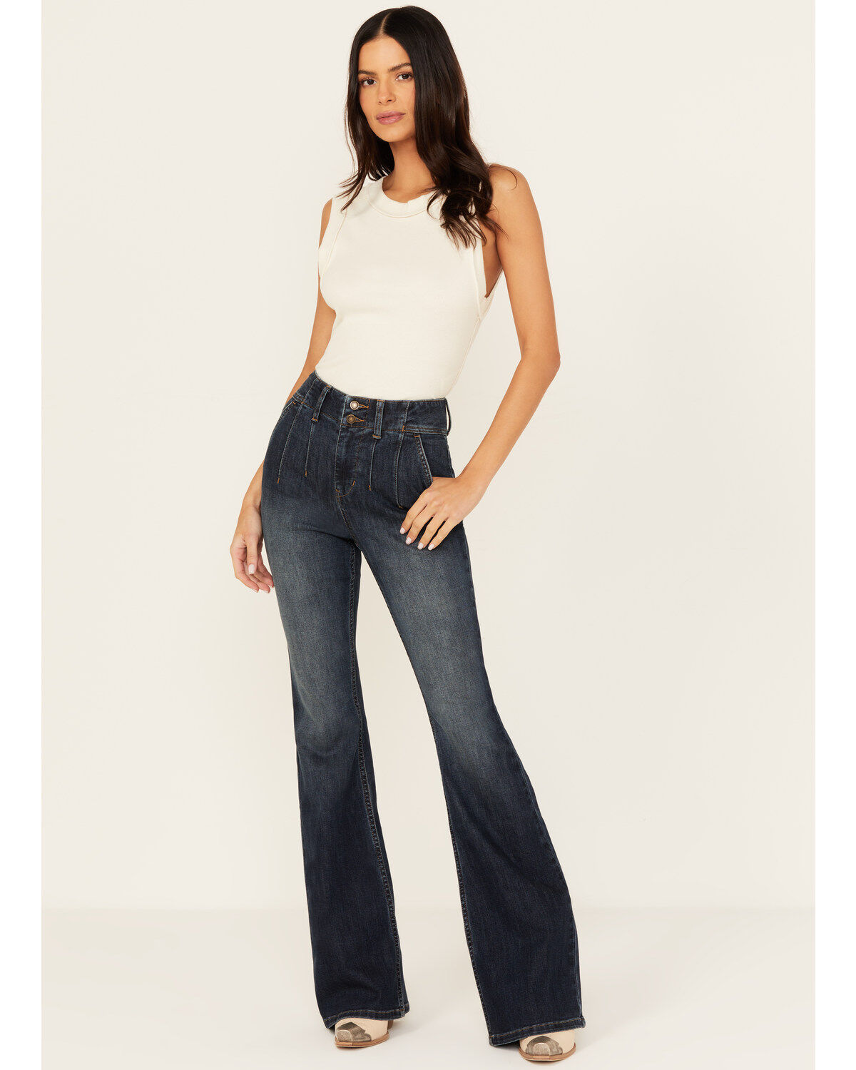 Shyanne Women's Bellflower Dark Wash Darted Waist Comfort Stretch Flare Jeans